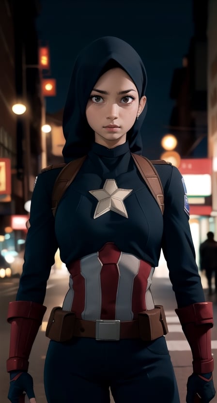 centered, upper body, masterpiece, | female captain america, standing, looking at viewer, | city, urban, street, city lights, | night, bokeh, depth of field,tiara