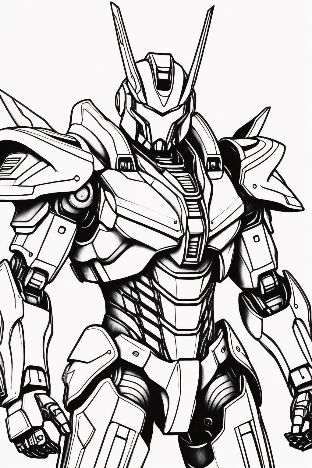 ((best quality)), ((masterpiece)), (ultra-detailed), an Generate hyper realistic image of the Dreadnova Chaosbringer, Picture this villain in an otherworldly suit of armor,Mecha,black and white, white background, thick outline, colorless,Coloring Book,ColoringBookAF