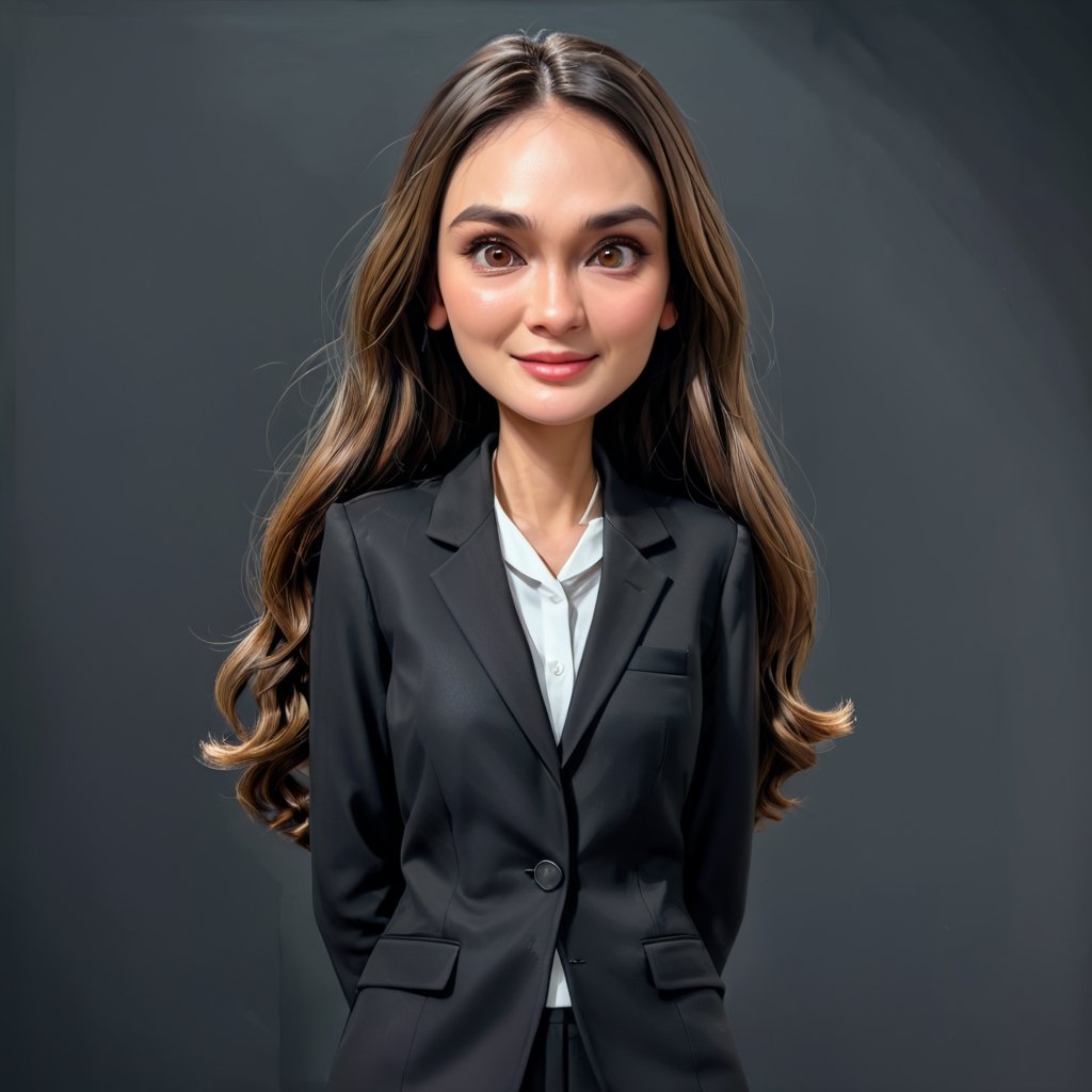 Create a realistic 3D lun4, luna maya, woman, caricature, 3D oil painting caricature, wearing (black suit), (medium shot), resembling, (random contrast) solid background,