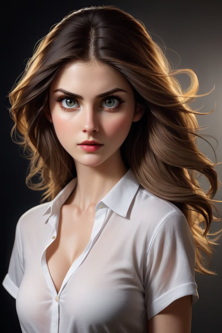 photorealistic, masterpiece, upper body, best quality, raw photo, 1girl, long hair, detailed eyes and face, sagging breast, white shirt, dynamic lighting, in the dark, deep shadow, low key, Alexandra Daddario

