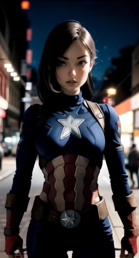 centered, upper body, masterpiece, | female captain america, standing, looking at viewer, | city, urban, street, city lights, | night, bokeh, depth of field,dinda,Sasha Grey,sagging breasts