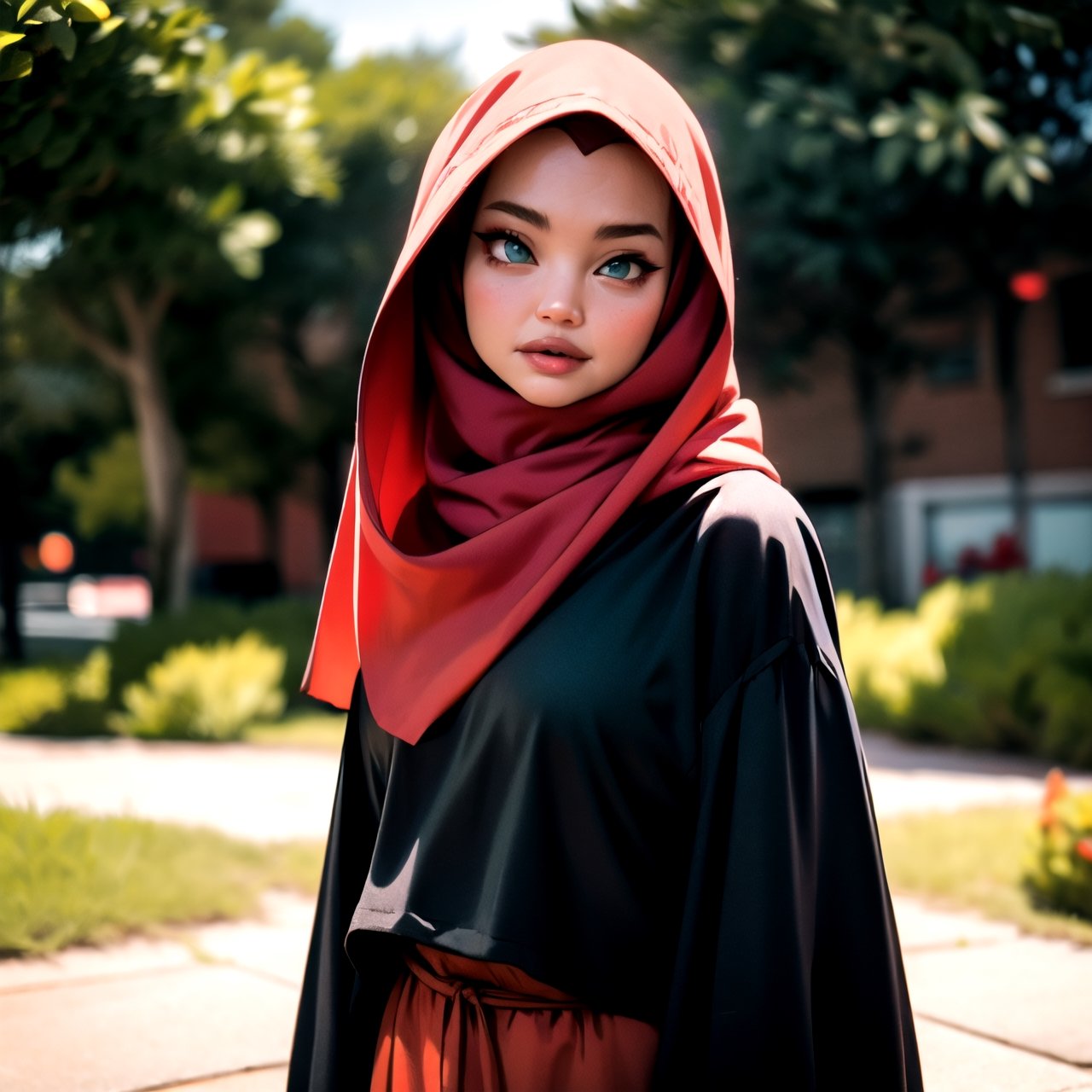 lady, 25 years old, hijab, modest, graceful, delicate face, perfect, royal, random color dress, random aesthetic outdoor background, loose clothes,exposure blend, cowboy shot, bokeh, (hdr:1.4), high contrast, (cinematic, teal and orange:0.85), (muted colors, dim colors, soothing tones:1.3), low saturation, dramatic pose, upper body, mature face,gamis, smile, aesthetic,perfecteyes, looking at viewer,((angelina jolie))