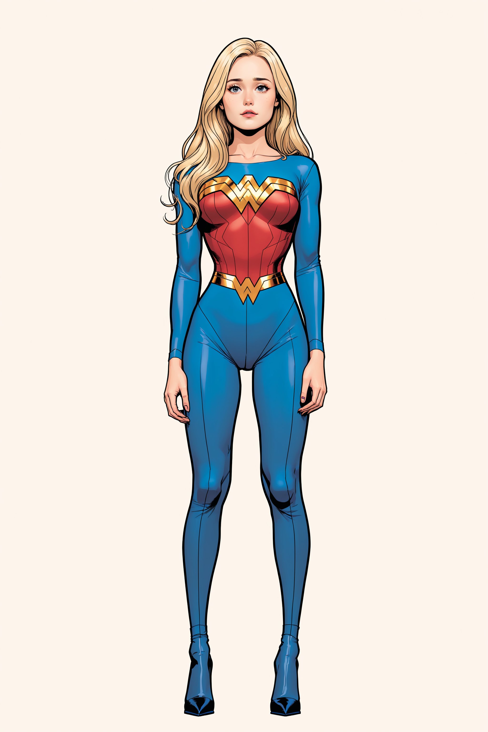 cyberpunk themed, ella purnel, full body, lust face, o mouth, slim body, wearing slim wonder woman jumpsuit, long blonde hair,(in the combined style of Mœbius and french comics), (minimal vector:1.1), simple background,ella_purnell