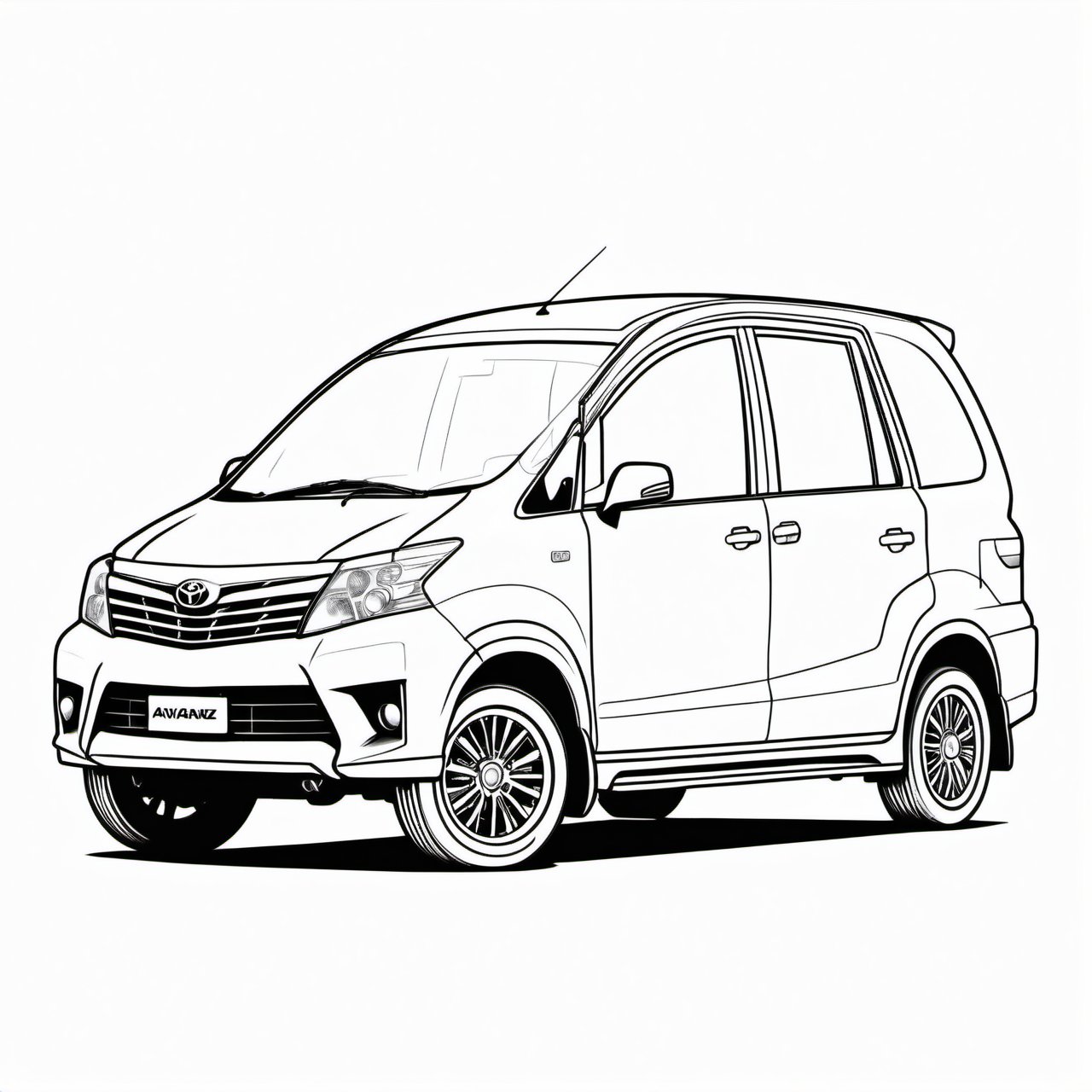 coloring book, bold line art. White and black minimalistic draw coloring page for a toyota avanza. Defined lines. Clean Drawn. Vector, Coloring Page, Bold line art, Coloring Book, Outline, Coloring, Coloring Sheet, Coloring Book, Coloring Page, Black and white, illustration, Draw, drwbk coloring book drawing