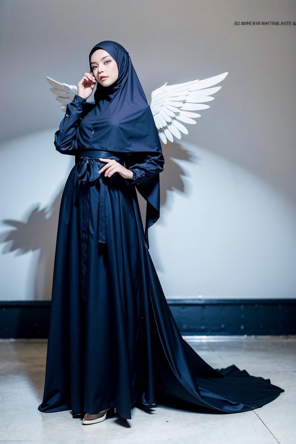 masterpiece, best quality, official art, aesthetic, 1girl, top teen model, european-japanese teen girl, 18 years old, heterochromia, detailed background, Paris fashion show, catwalk, elegant,  dark-black evening dress by George Hobeika, Fluorescent Light, gamis, hijab, dress,dark_angel, wings, horn, fangs