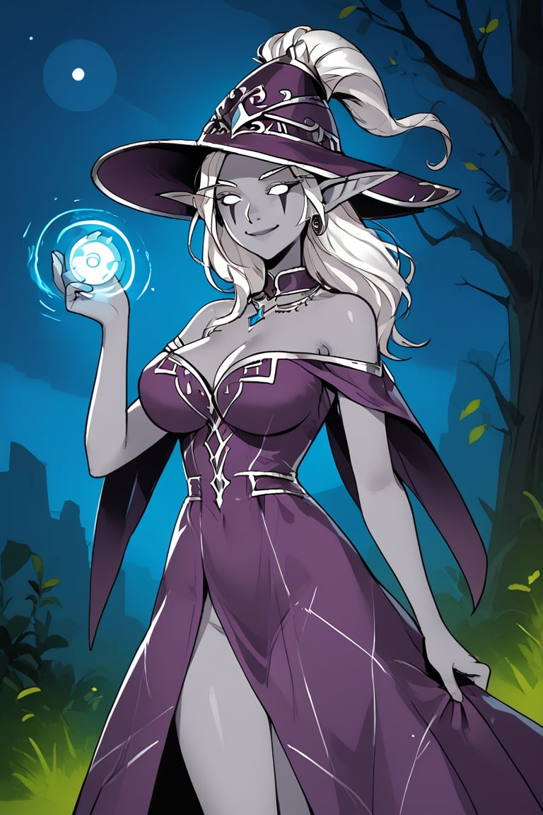 1girl, solo, smile, breasts, bare shoulders, closed mouth, colored skin, dress, ears through headwear, elf, energy ball, grey skin, hand up, large breasts, long eyebrows, looking at viewer, magic, night elf \(warcraft\), nightborne, pointy ears, purple dress, thigh gap, white eyes, white hair