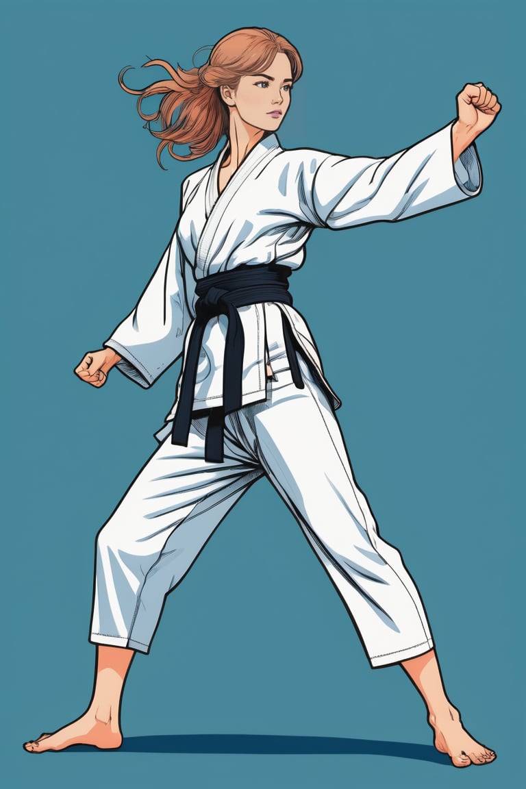 (in the combined style of Mœbius and french comics), (minimal vector:1.1), medium shot of woman, ((full body)), simple background, wearing karate costume, ,DonMM1y4XL,femaleroverwuwa