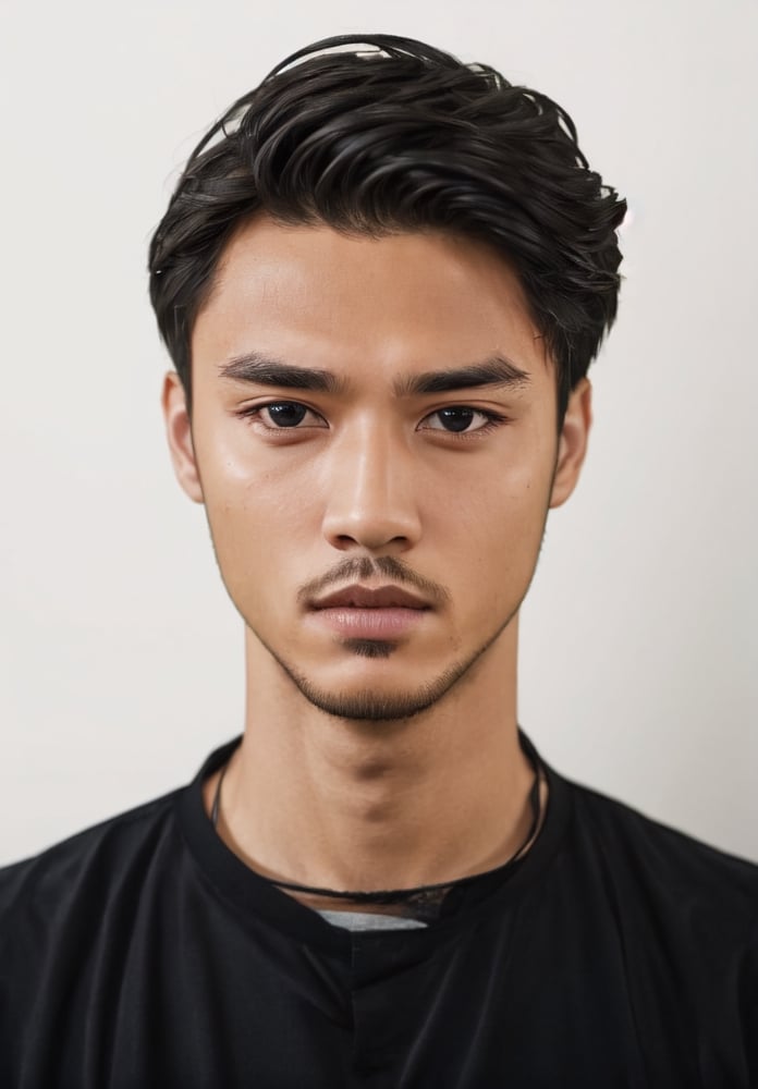 realistic,1boy,solo,looking at viewer,black hair,black eyes,close up,grey background, (perfect face: 1.3), (face details: 1.3), perfect eyes, masterpiece, 8k,putra