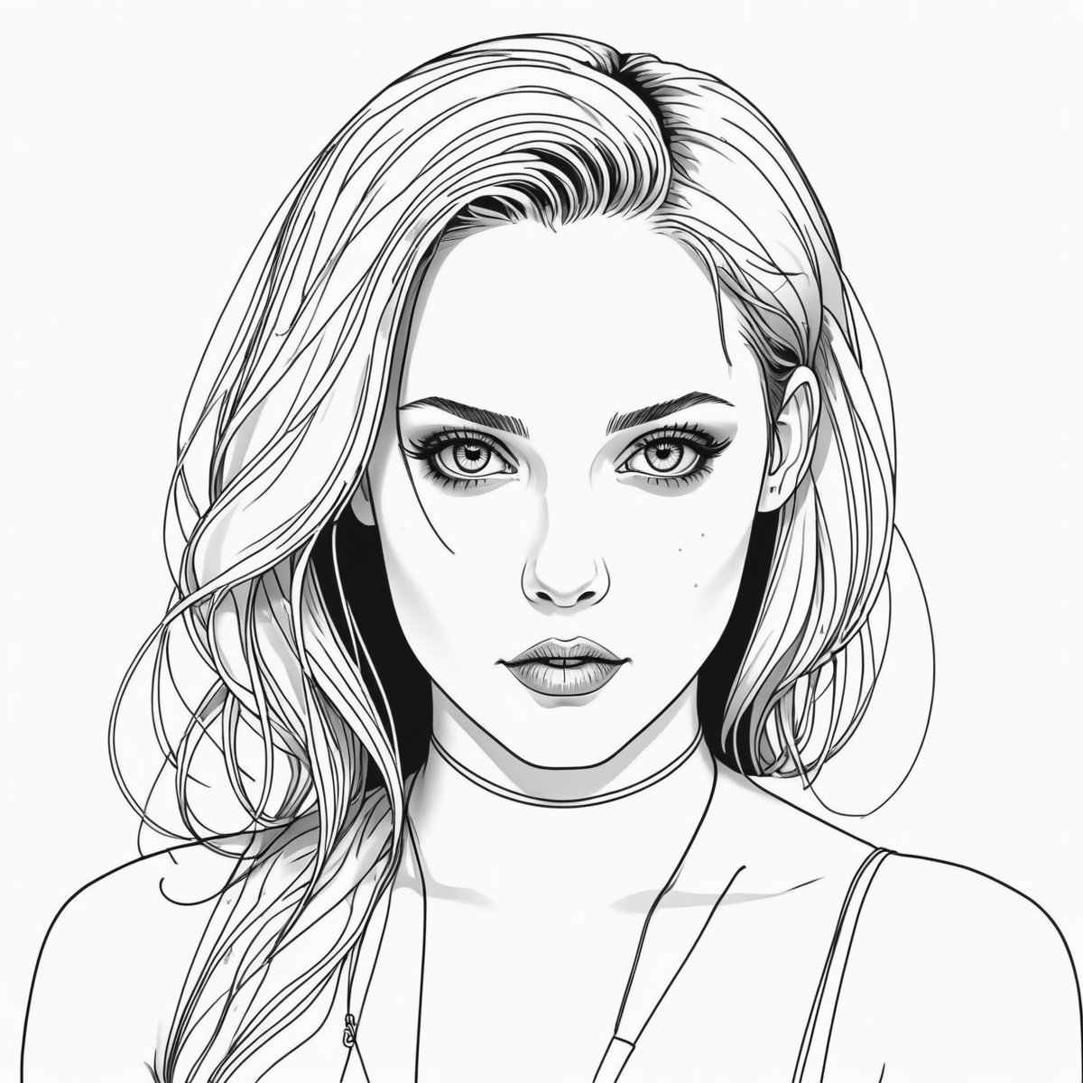 coloring book, bold line art. White and black minimalistic draw coloring page for kristen stewart. Defined lines. Clean Drawn. Vector, Coloring Page, Bold line art, Coloring Book, Outline, Coloring, Coloring Sheet, Coloring Book, Coloring Page, Black and white, illustration, Draw, drwbk coloring book drawing