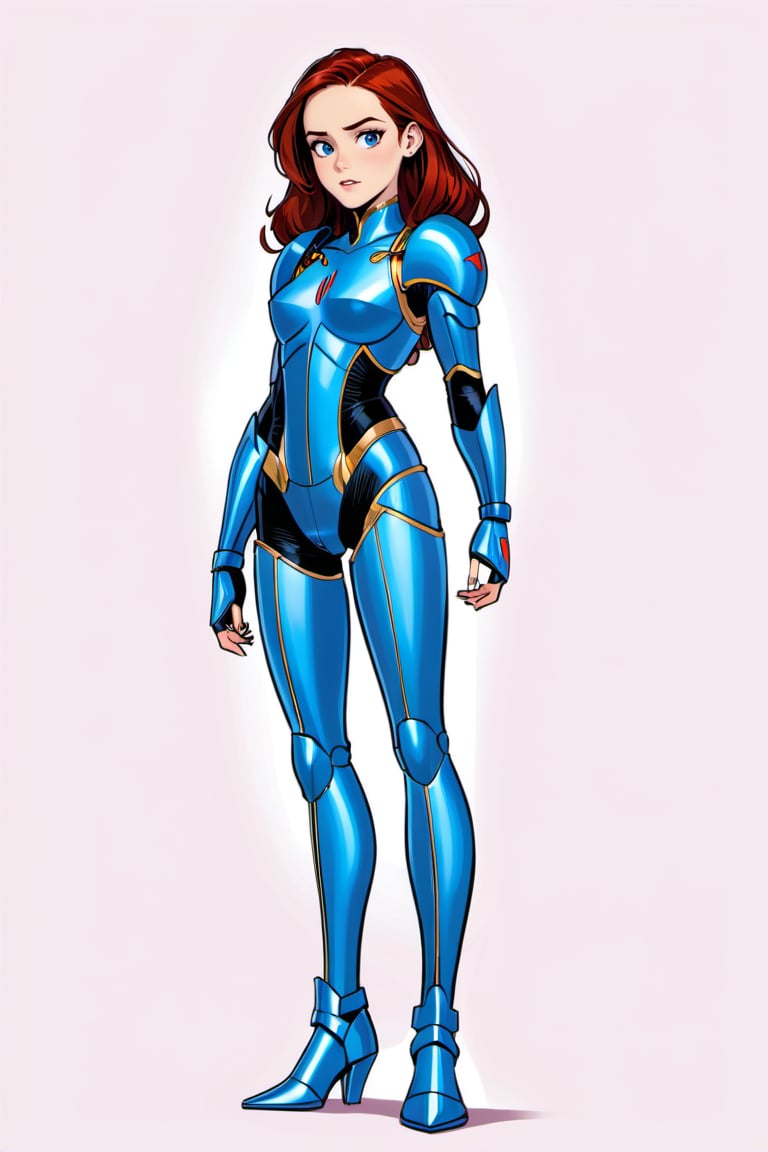 (in the combined style of Mœbius and french comics), (minimal vector:1.1), full shot of woman, ((full body)), simple background, wearing sexy armor suit, DonMM1y4XL, kristen stewart,disney pixar style