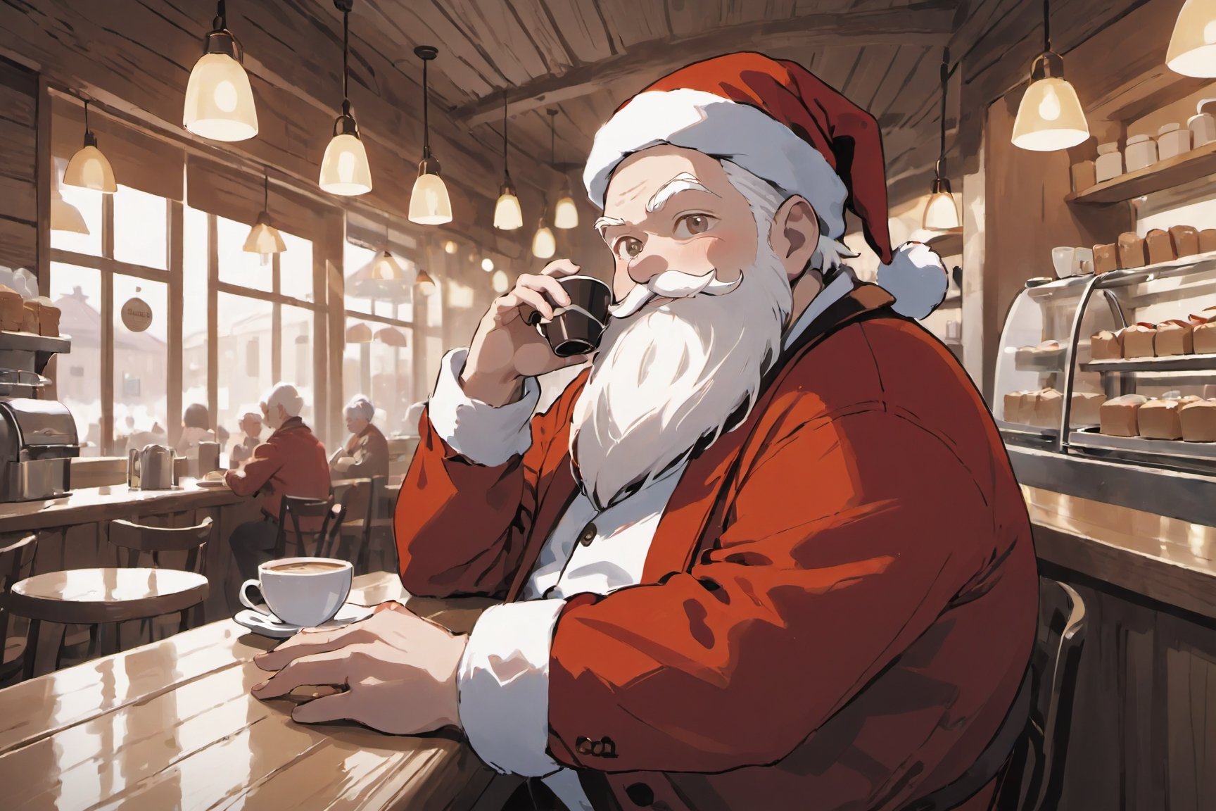 colorful, shine, beautiful-detailed , solo, solo focus,fat old male, Santa Claus, white hair, beautiful detailed sky, dynamic angle, white beard, cinematic light, glow white particles,
cafe, , red jacket,calm smile,relieved look
Style - Cozy and Quaint
Background - Charming Café with Rustic Interior
Subject - Santa Claus Wearing red and white jacket
View - Inviting Scene Bathed in Morning Sunlight
Appearance - Casual and Approachable
Outfit - red hat and red and white jacket
Pose - sitting in Café , drinking coffee
Details - Steam from Coffee Cups, Display of Pastries
Effects - Warm Morning Sunlight Creating a Comforting Ambiance
Description - "Step into the cozy embrace of a quaint café, where the morning sunlight filters in through the windows, casting a warm and inviting glow. As you enter, your gaze is drawn to the barista behind the counter, a friendly figure wearing a red hat  and jacket neatly at the front.
The café's rustic interior complements the barista's attire, 