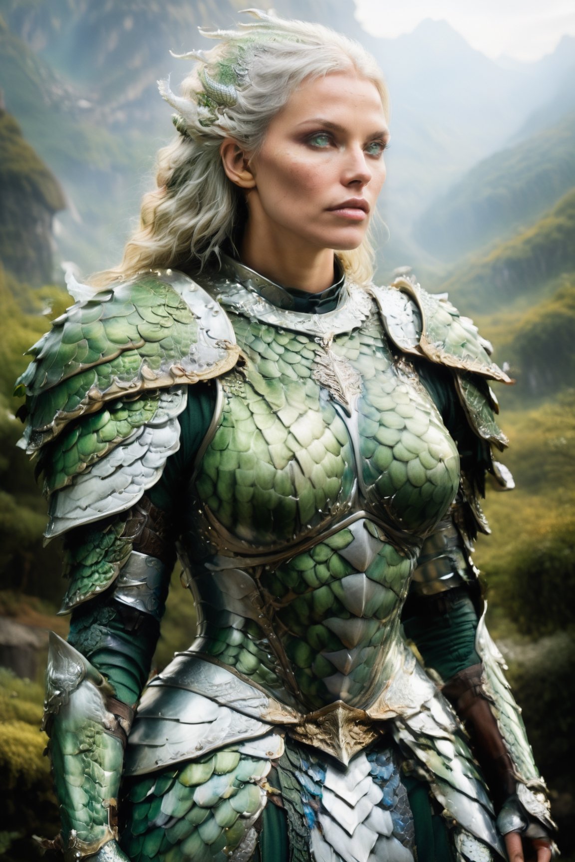 (wide angle),(Aetherpunk style:1.4),8k , ultra quality ,nature,pagan imagery,intricate detailed, beautiful valkyrie ,detailed dragon armor,intricate detailed,spreading,utopia,magic,detailed,mages,outdoors,amazing scenery,(highly detailed:1.2),(ultra realism:1.2), realistic, detailed, textured, skin, platinum white hair, green eyes, by Alex Huguet, Mike Hill, Ian Spriggs, JaeCheol Park, Marek Denko
,detailmaster2,more detail XL,(half body image),dragon armor