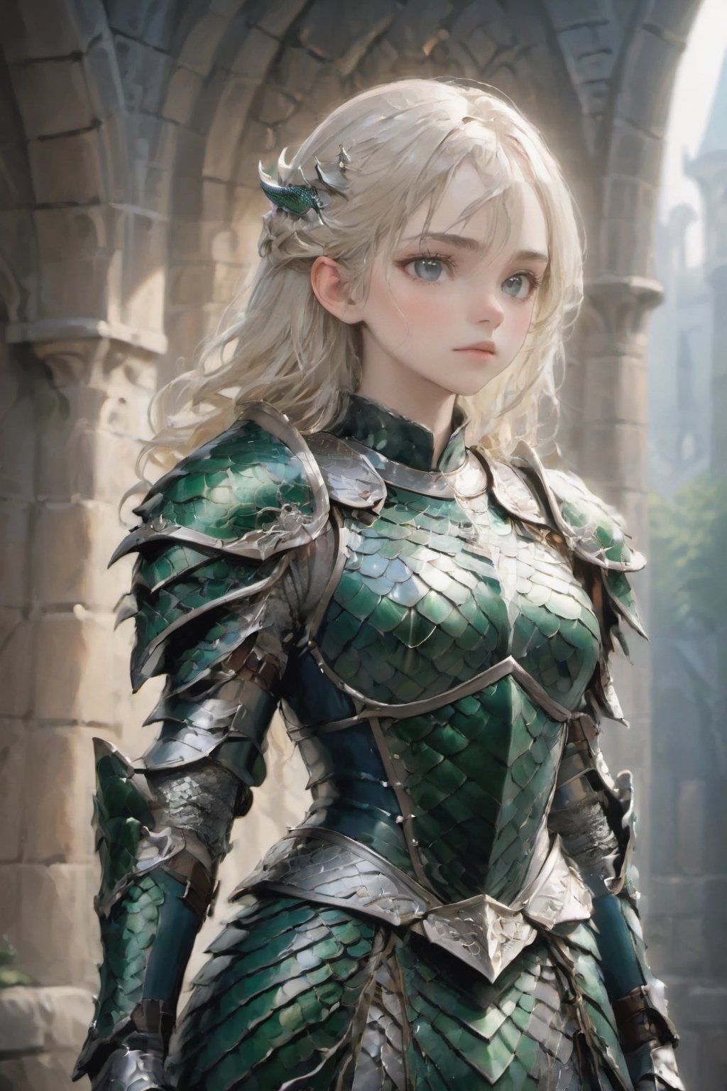 European style, fantasy, solo, brave girl, wearing dragon armor, white blonde long hair, faithing,looking at viewer, ruins,(upper body shot:1.5) , (masterpiece), (best quality), (ultra-detailed), (an extremely delicate and beautiful), ((textile shading)), (caustics), (((sharp focus))),dragon armor,,disney pixar style,more detail XL