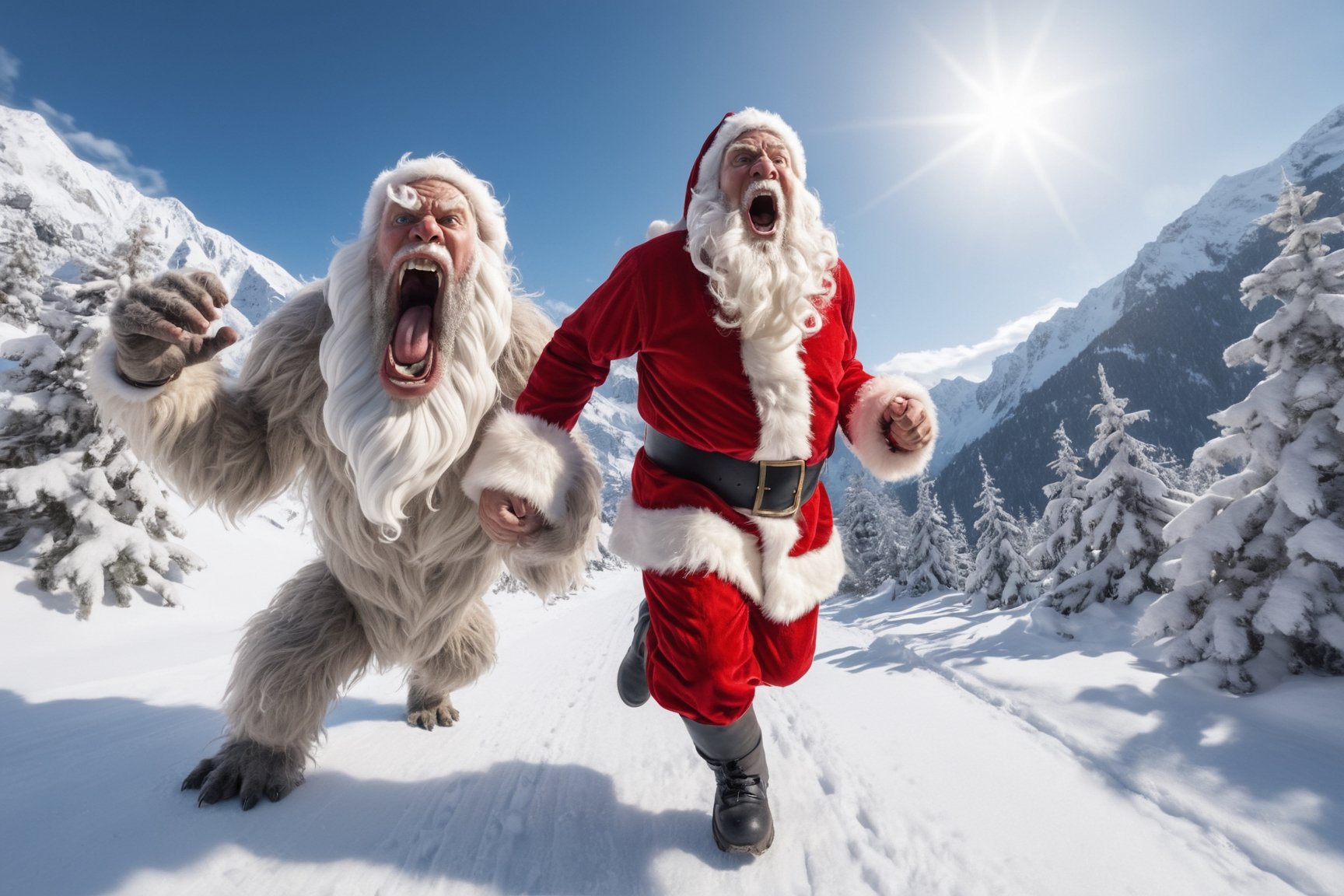 (Selfie,  fisheye lens),  photorealistic Santa Claus screaming and running. angry yeti in the background by レオナルドくま on Ten...