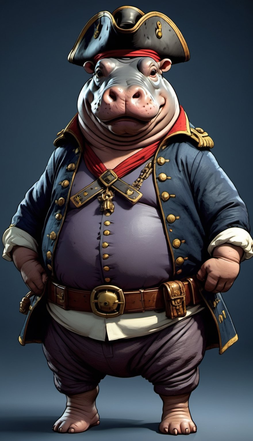 portrait of Dressed animals - a ((fat)) hippo pirate,  (closed mouth),  high quality by レオナルドくま on Tensor.Art