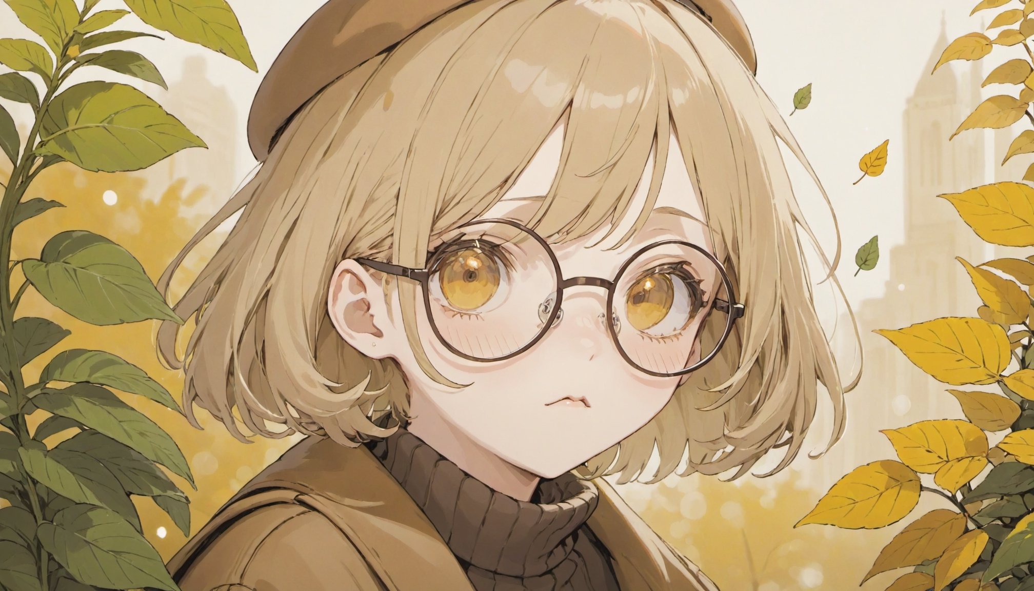 close up, masterpiece, best quality, bokeh, cute, 1girl, solo, beret, hair clip, beige hair, round eyewear, brown jacket, turtleneck sweater, upper body, looking at viewer, yellow eyes, closed mouth, leaf, white background, plant