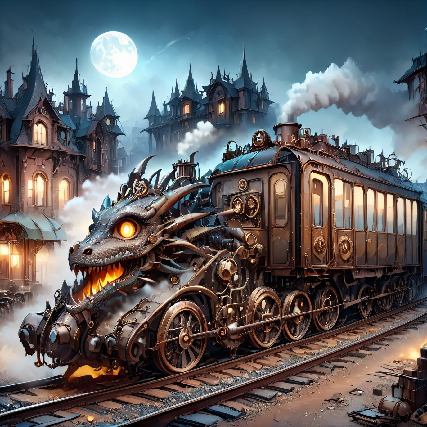 night time,realistic photo of dragon train,a steampunk style,(masterpiece),(best quality),wheels, dragon train on railroads ,steam ,moon night,perfect lighting, post-apocalyptic world,steampunk station background,buildings background,wide angle:1.5,dragon train,ste4mpunk city background,donmcr33pyn1ghtm4r3xl  