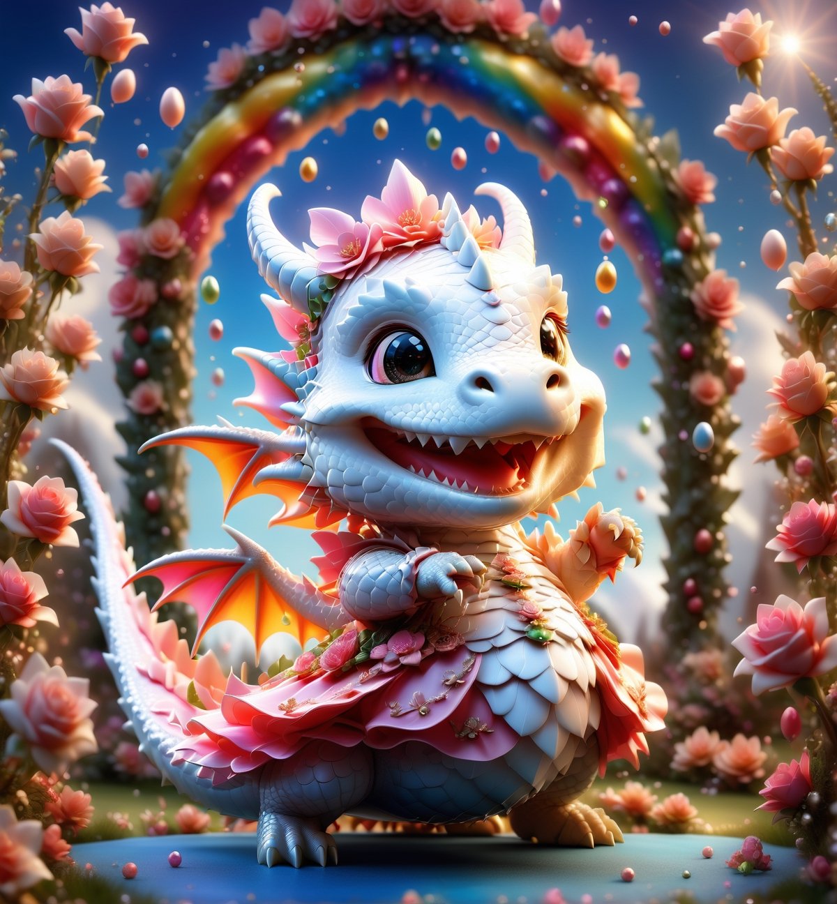 chibi cute dragon smiling charmingly, nestled among roses, gifts and golden seeds, framed by a verdant lawn dotted with Easter eggs, against a backdrop of blue skies and rainbow arches with floating soap bubbles, in a charmingly pose, photographed by Miki Asai with macro lens precision, trending on ArtStation with Greg Rutkowski's detailed fantasy style in 9k resolution, sharp focus aperture F 1.5, intricate details, setting studio photography, ultra high,cute dragon