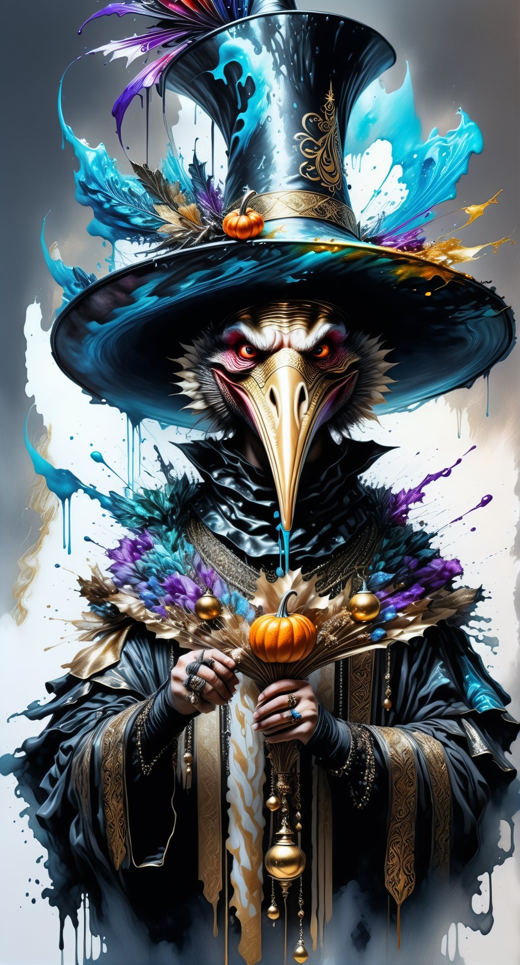 Ultra-Wide angle shot, photorealistic of gothic medieval of  stylish (turkye) character wearing pilgrim outfits,turkey,(long neck), large beak,(whole body), (laughing),art by Carne Griffiths,thanksgiving atmothphere,ornaments of thanksgiving, merged visuals, evocative storytelling, creative blending, seeBlack ink flow: 8k resolution photorealistic masterpiece:  intricately detailed fluid gouache painting: calligraphy: acrylic: colorful watercolor art, cinematic lighting, maximalist photoillustration: by marton bobzert: 8k resolution concept art intricately detailed, complex, elegant, expansive, fantastical, psychedelic realism, dripping paint,,DonML1quidG0ldXL ,Digital painting ,PEOPShockedFace