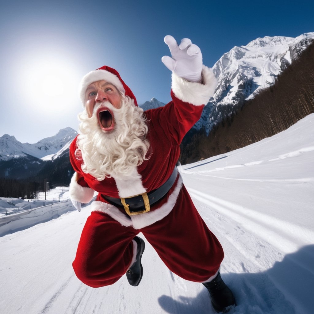 Selfie,  fisheye lens,  photorealistic Santa Claus screaming and running. Love it: in the background by レオナルドくま on Tensor.Art