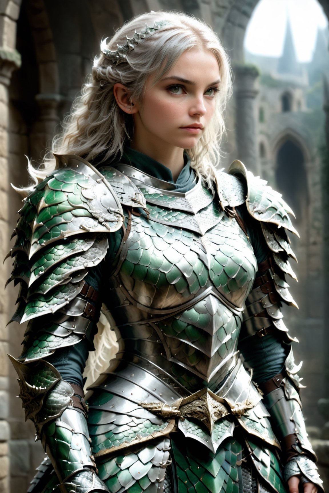 European style, fantasy, solo, cute girl, wearing dragon armor, white & silver long hair, battle, faithing, enemy, ruins, holding long sword, (masterpiece), (best quality), (ultra-detailed), (an extremely delicate and beautiful), ((textile shading)), (caustics), (((sharp focus))),dragon armor