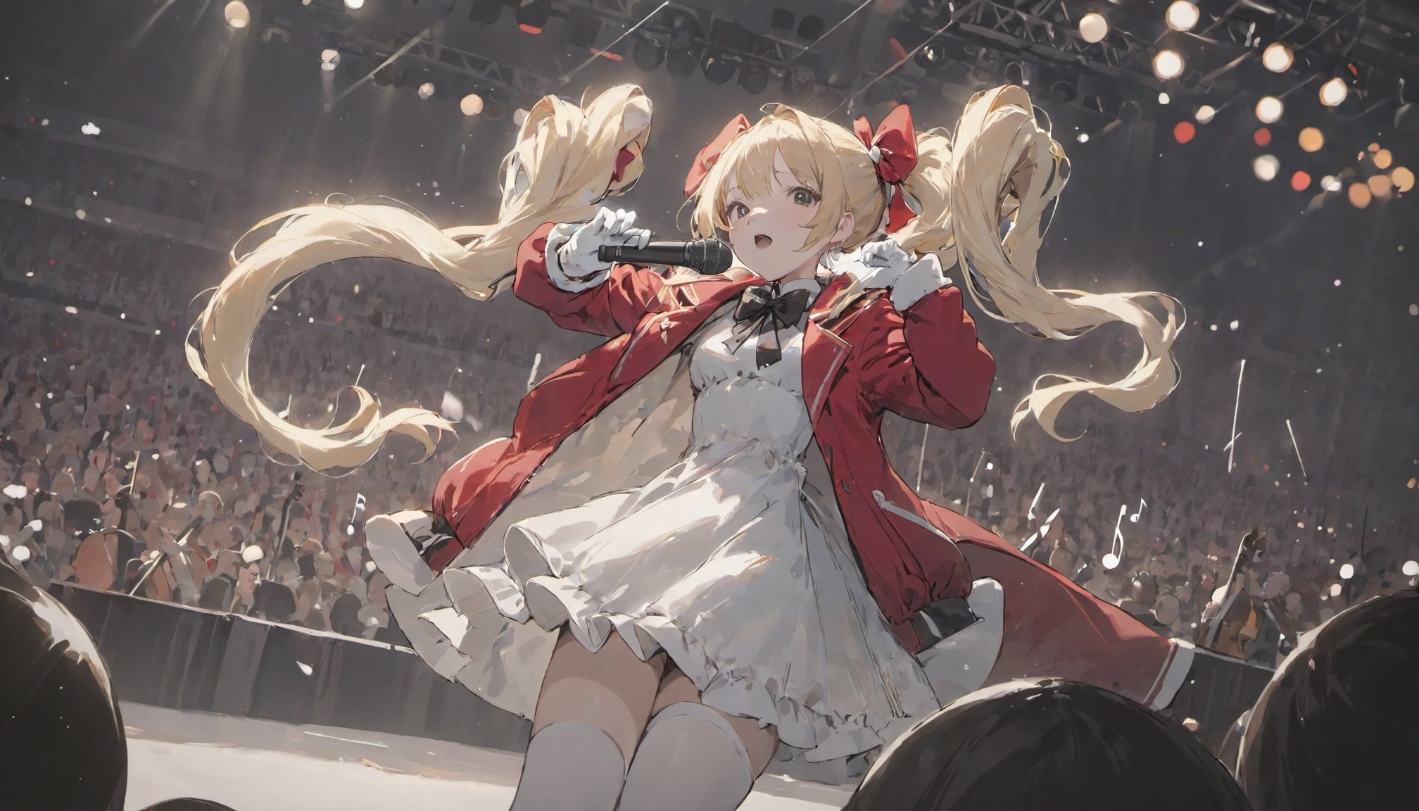 depth of field, masterpiece, best quality, 1girl, solo focus, face foucus, holding microphone, music, red jacket, white dress, thighhighs, white gloves, red bow, dress, blonde hair, twintails, concert, floating hair