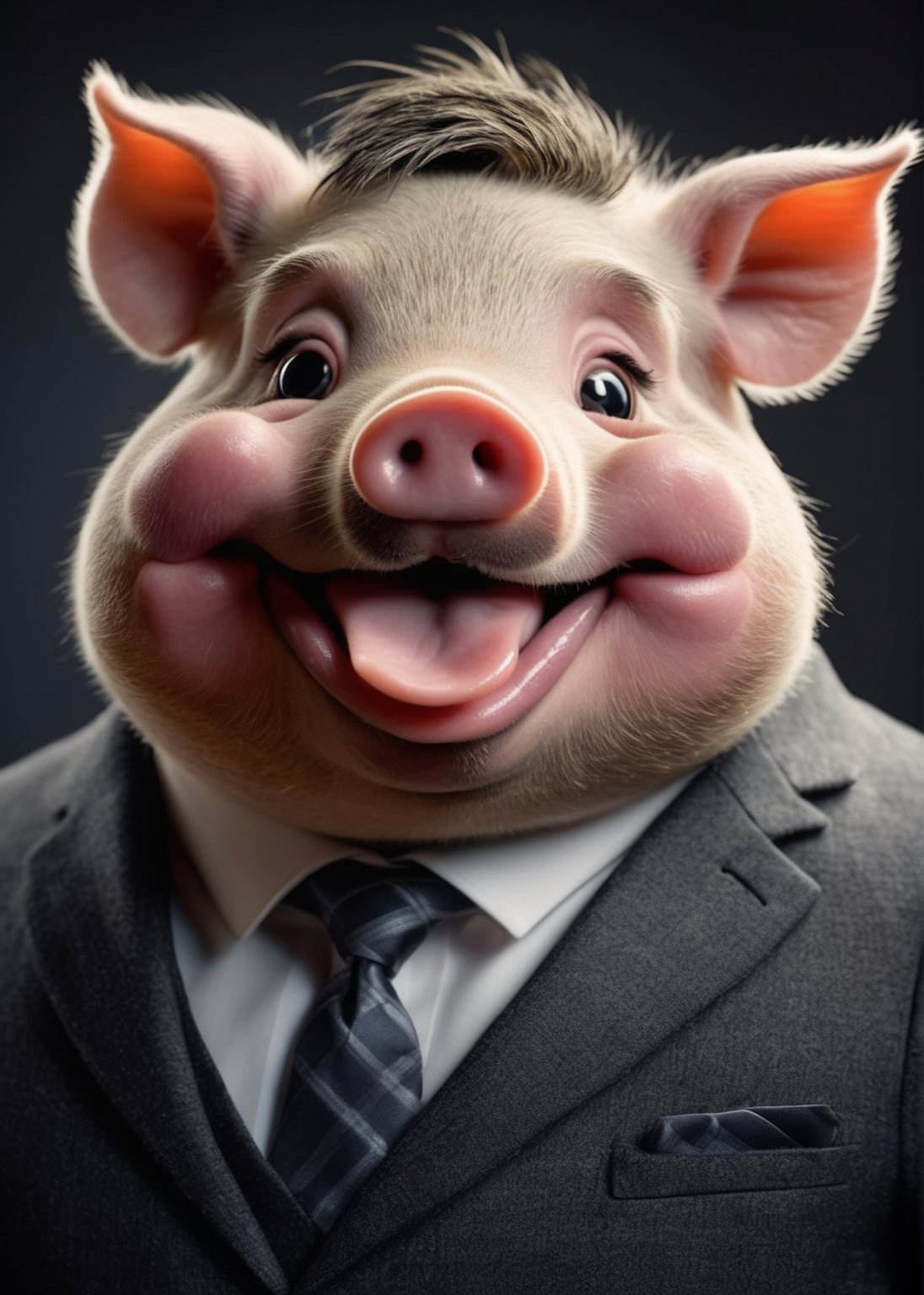 face close up photo of anthropomorphic pig,(tongue), (furry),dressed in a dark gray suit, (sticking out tongue:1.5),(happy smile),(playful:1.2), soft lighting, Cinematic, hdr, primitive, Intricate, High quality, smoothing tones, Intricate details, Low contrast,(viewed from side:2.0), (looking at viewer:1.5), simple background