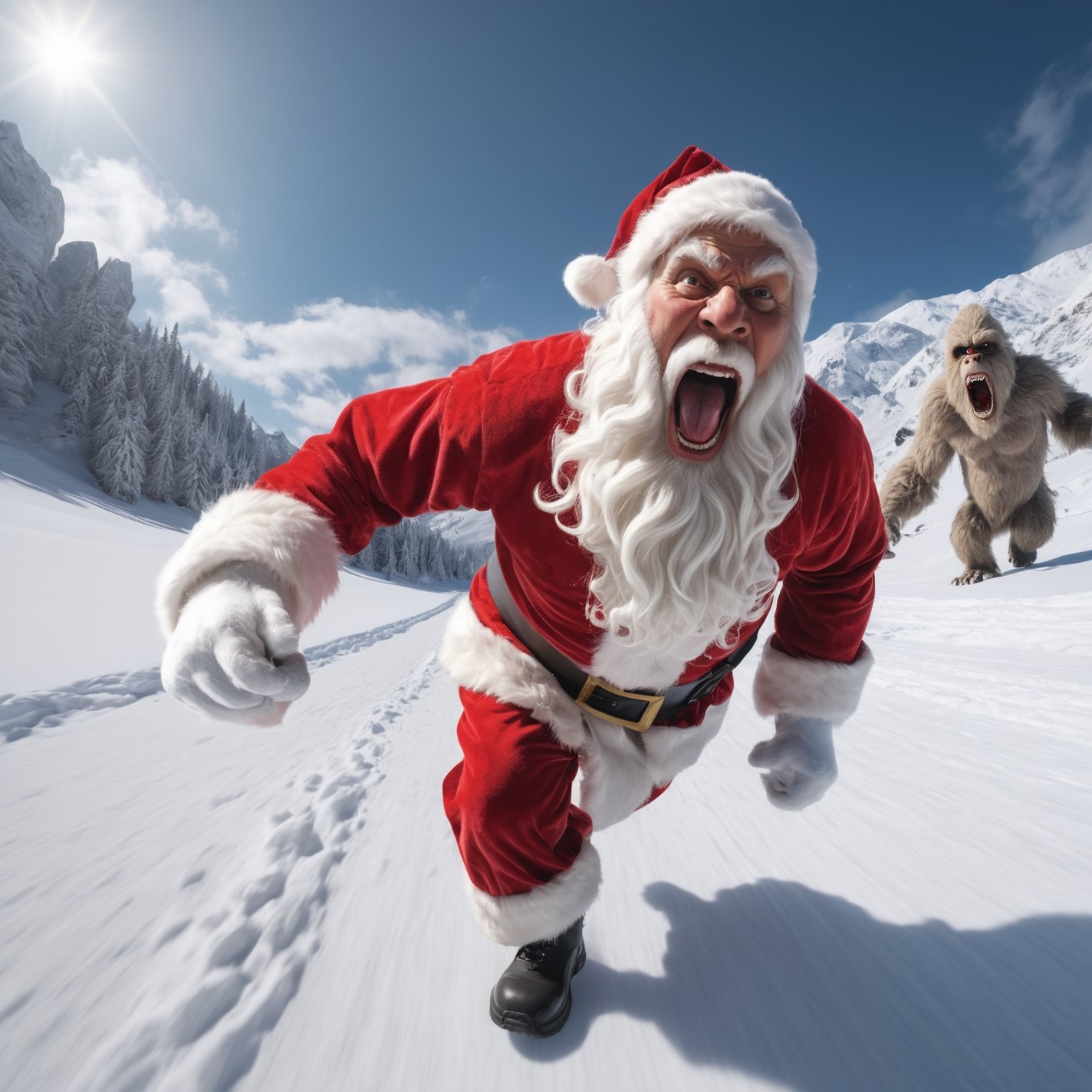 (Selfie,  fisheye lens),  photorealistic Santa Claus screaming and running. angry yeti in the background by レオナルドくま on Ten...