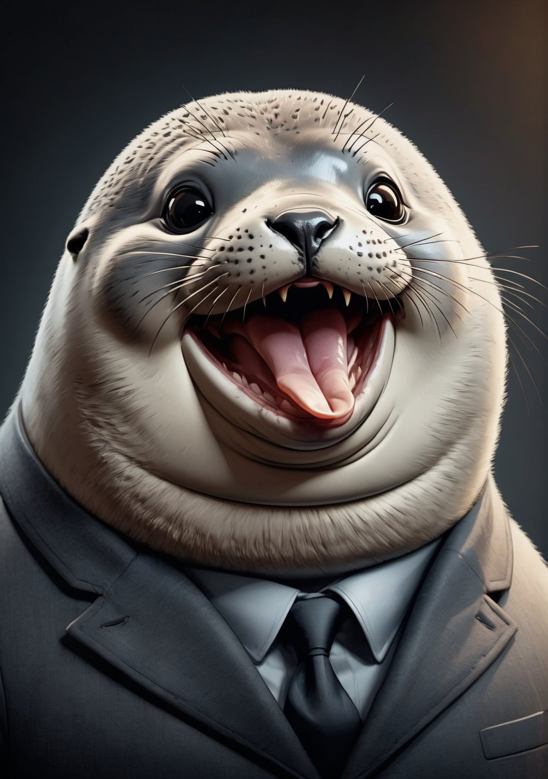 face close up image of anthropomorphic (fat) baby seal,(tongue), (lovely),dressed in a dark gray suit, (sticking out tongue:1.5),(happy smiling eyes:1.5),(smile:1.2),wearing glasses, soft lighting, Cinematic, hdr, primitive, Intricate, High quality, smoothing tones, Intricate details, Low contrast,(viewed from side:2.0), (looking at viewer:1.5), simple background,comic book