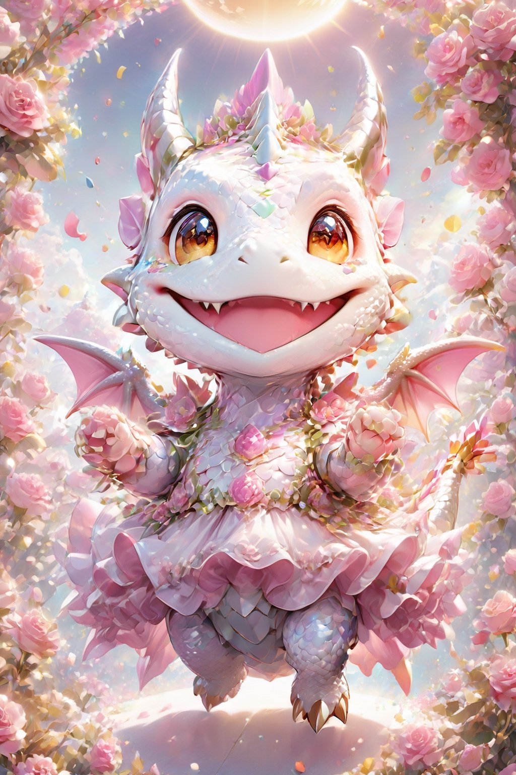  portrait of cute dragon,(dynamic  pose), high quality,(holding a pink rose) ,intricate details, highly detailed dress ,smile,highly detailed flower decorations, long tail , (wind effect),  confetti of roses background,sun light,(full body image:1.5),more detail XL,,cute dragon,sticker