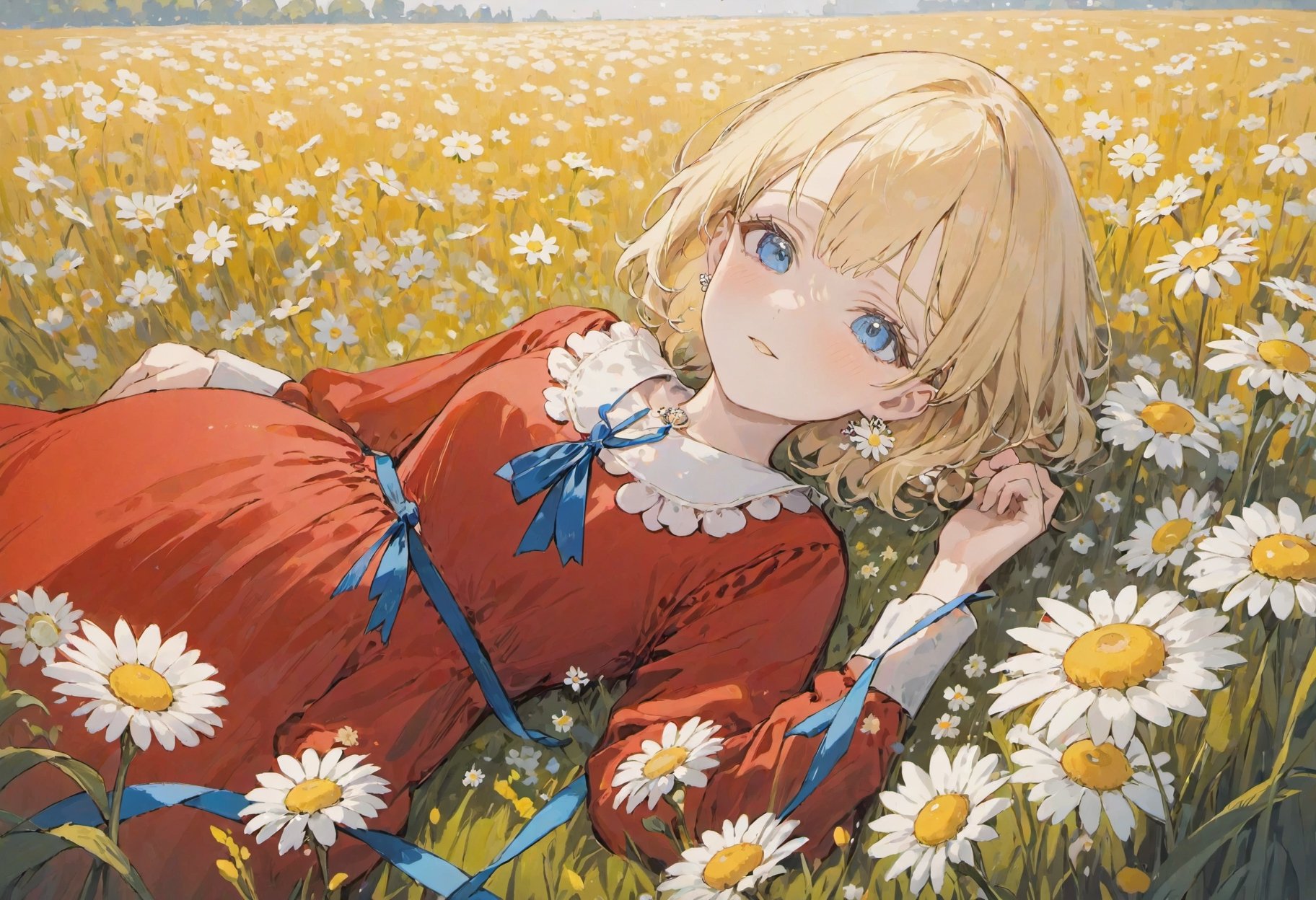 1girl lying,  in a field of flowers, red dress, white flower,  earrings, looking at viewer, blue eyes, red ribbon, necklace, long sleeves, blonde hair, short hair, daisy