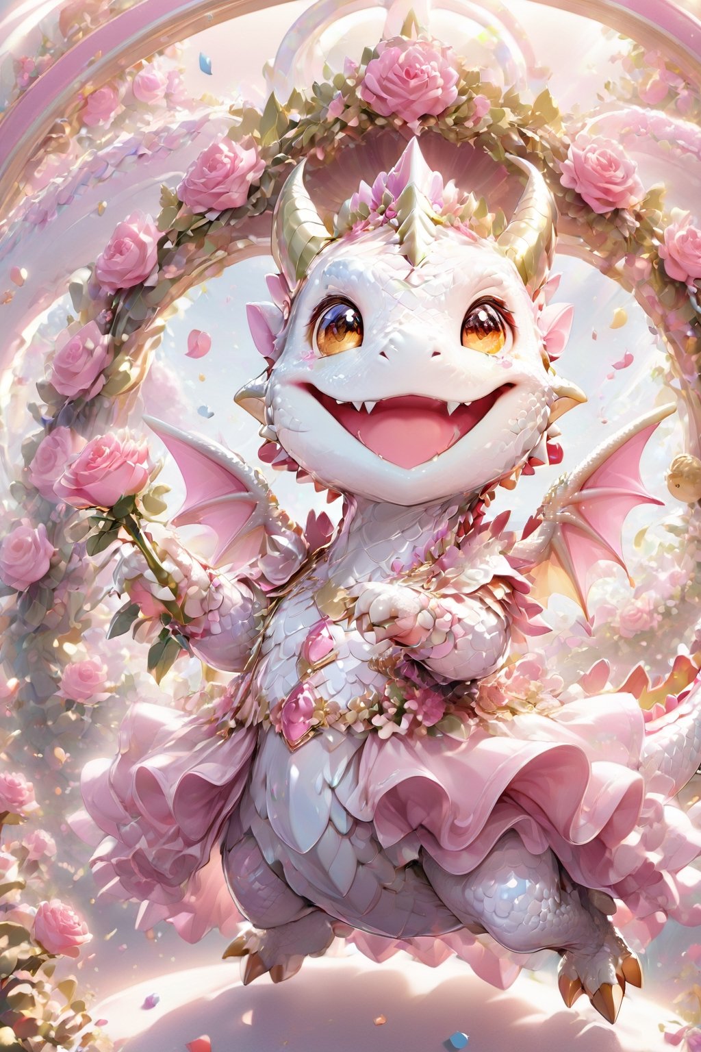  portrait of cute dragon,(dynamic  pose), high quality,(holding a pink rose) ,intricate details, highly detailed dress ,smile,highly detailed flower decorations, long tail , (wind effect),  confetti of roses background,sun light,(full body image:1.5),more detail XL,,cute dragon,sticker