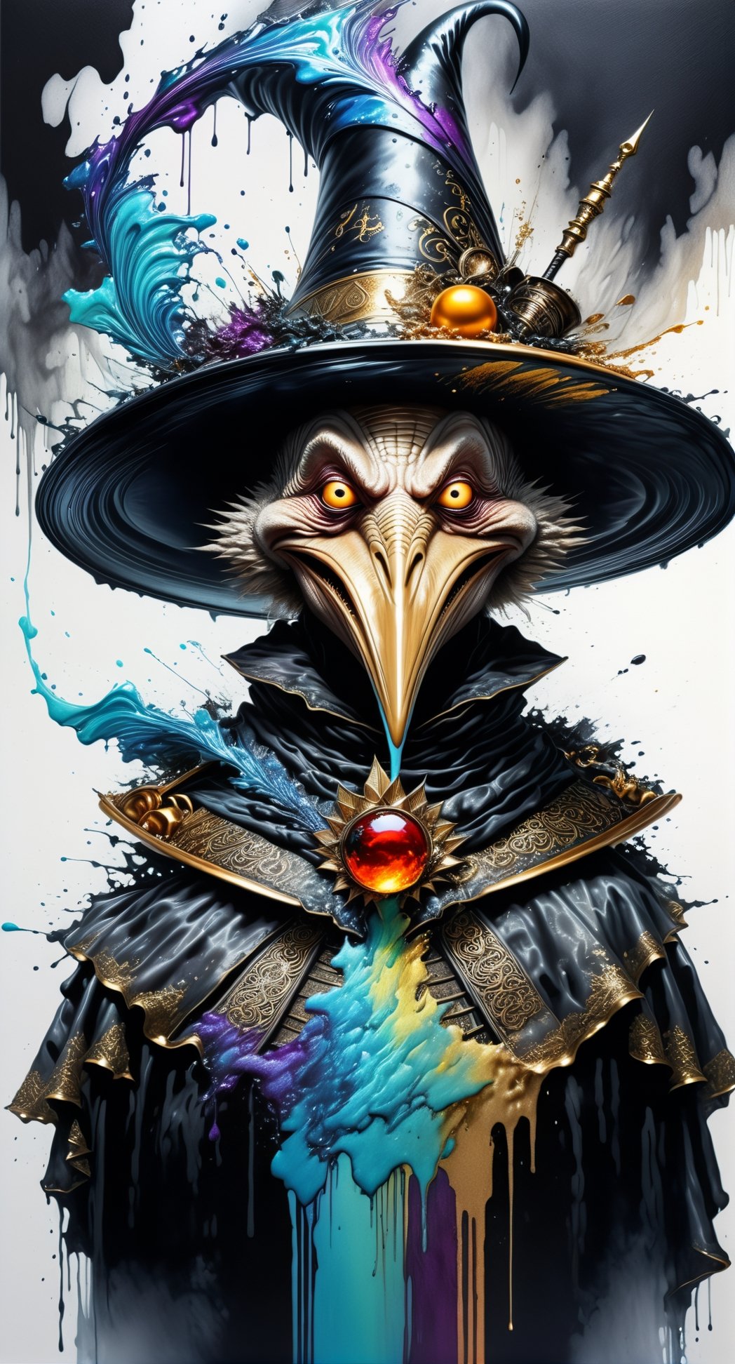 Ultra-Wide angle shot, photorealistic of gothic medieval of  stylish (turkye) character wearing pilgrim outfits,(turkey),(long neck), (large beak),(horror), (creepy smile),art by Carne Griffiths,thanksgiving atmothphere,ornaments of thanksgiving, merged visuals, evocative storytelling, creative blending, seeBlack ink flow: 8k resolution photorealistic masterpiece:  intricately detailed fluid gouache painting: calligraphy: acrylic: colorful watercolor art, cinematic lighting, maximalist photoillustration: by marton bobzert: 8k resolution concept art intricately detailed, complex, elegant, expansive, fantastical, psychedelic realism, dripping paint,,DonML1quidG0ldXL ,Digital painting ,PEOPShockedFace,(((pointing at viewer)))