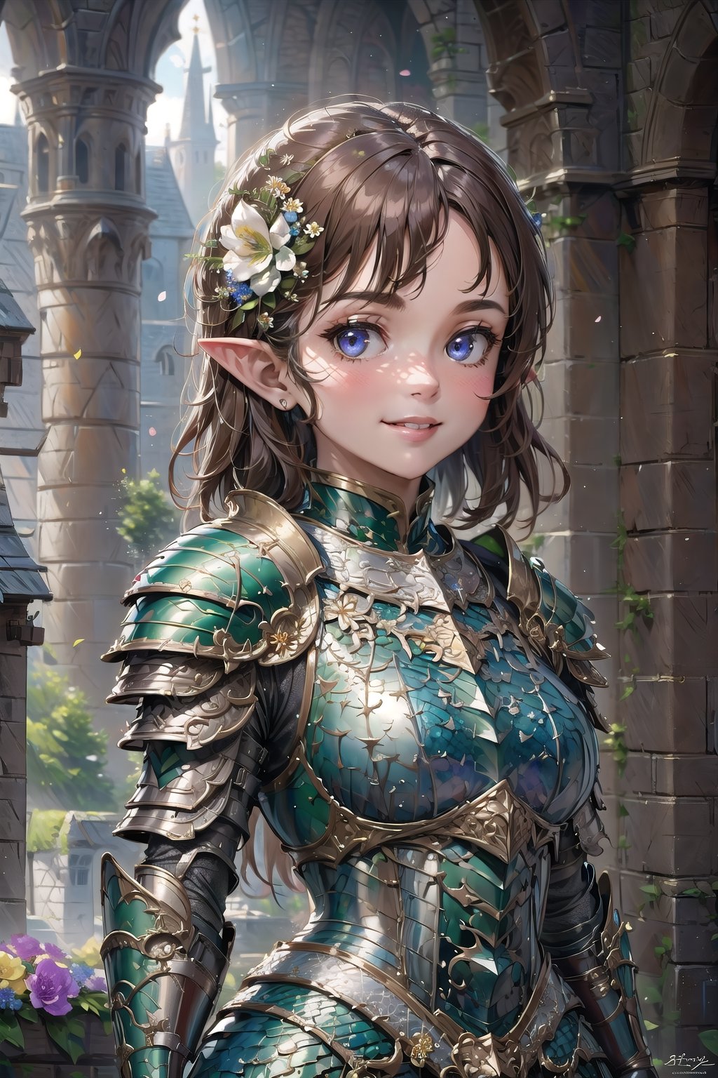 (masterpiece, best quality), (ultra detailed),(absurdres), 1 girl wearing armor,(baby face:1.1),pointy ears,right brown hair,kindly smile,(flower:1.4),Matte Painting,upper body,(fantasy world),stone buildings,dragon armor