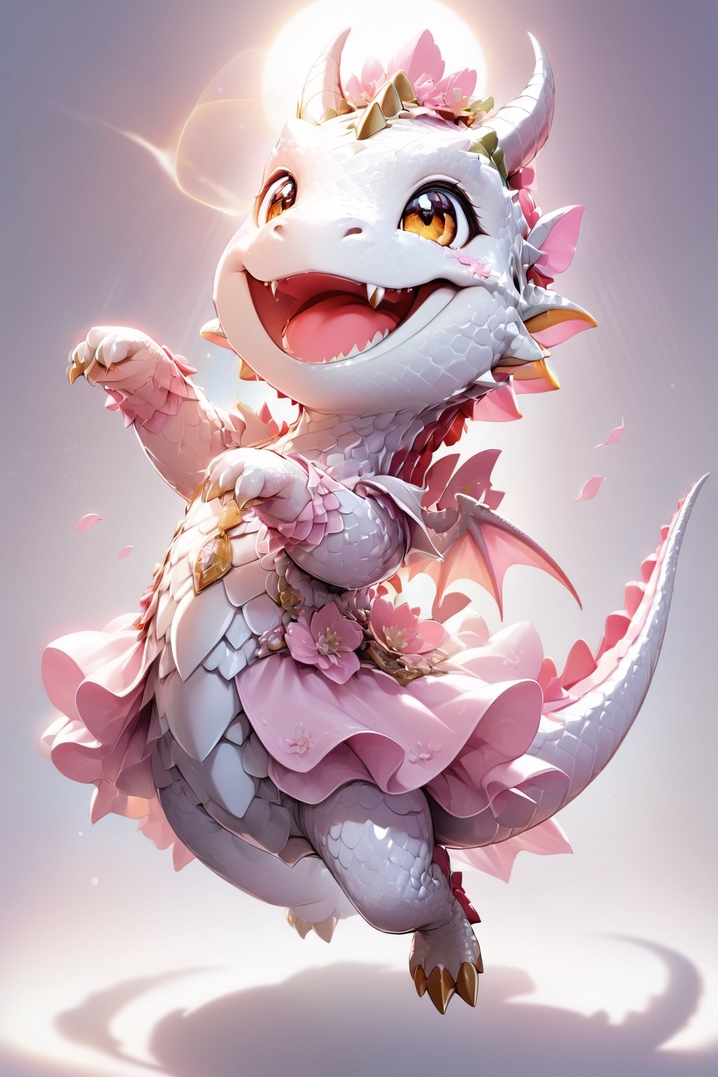  portrait of cute dragon,(dynamic jumping pose), high quality,(happy atmosphere) ,lens_flare,smile, , (wind effect), cherry_blossom background,sun light,(full body image:1.5),,cute dragon