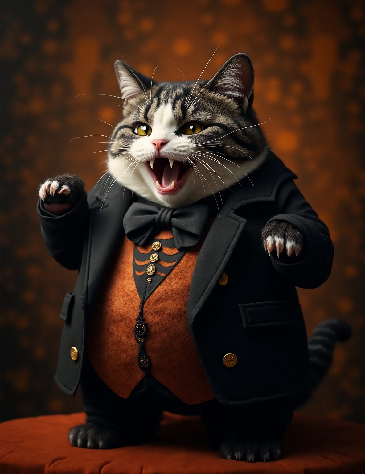 photorealistic portrait of Dressed animals - a ((fat)) (Cheshire cat) Halloween vampire,(Art by Giuseppe Arcimboldo),(black and orange theme),(cute),(open mouth:1.2), (big smile:1.5),(vampire's fangs:1.5),(arms up:1.5), high quality,(lovely) ,intricate detailed Halloween motif accessories, highly detailed ((Halloween vampire tuxedo with mant)) ,highly detailed Halloween vampire tuxedo with tie, (horror), (), soft lighting,(full body image:1.5),Halloween ornaments background, in Halloween room ,score_9, score_8_up, score_7_up, score_6_up, score_5_up, score_4_up,