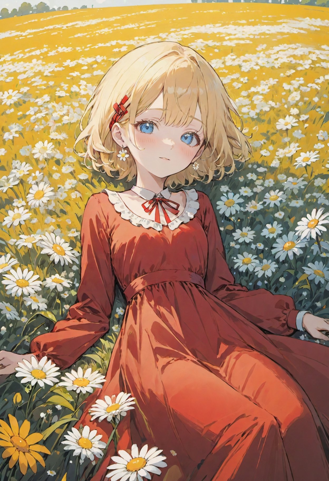 best quality, ultra-detailed, illustration, 1girl lying,  in a field of flowers, red dress, white flower,  earrings, looking at viewer, blue eyes, red ribbon, necklace, long sleeves, blonde hair, short hair, daisy