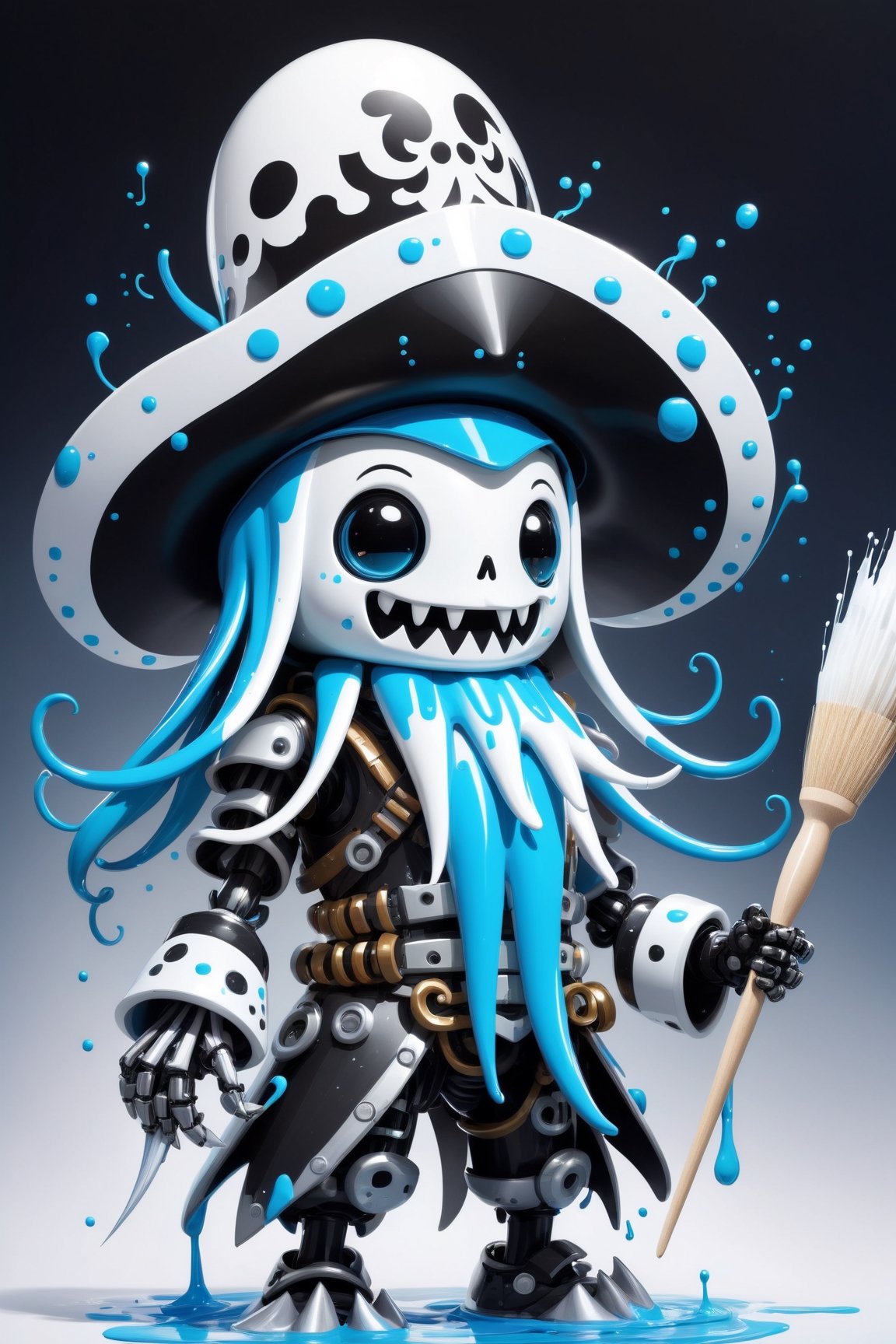 cute robo character of (squid),a mascot for tensor.art,cubby, ((holding a large paintbrush)), futuristic, cyborg style,(lovely smile),wearing a black pirate's hat,cute ,white platinum metallic line,light blue and white dripping paint ,squid head, squid arms, ,mecha,robo,PEOPShockedFace