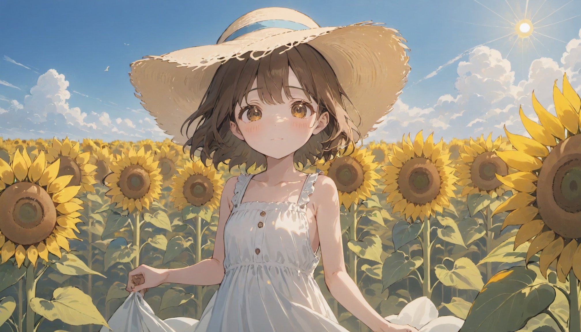 masterpiece, best quality, 1girl, sunflower, solo, outdoors, white sundress, brown hair, upper body, day, closed mouth, brown eyes, looking at viewer, sleeveless dress, blue sky, sun hat, cloud