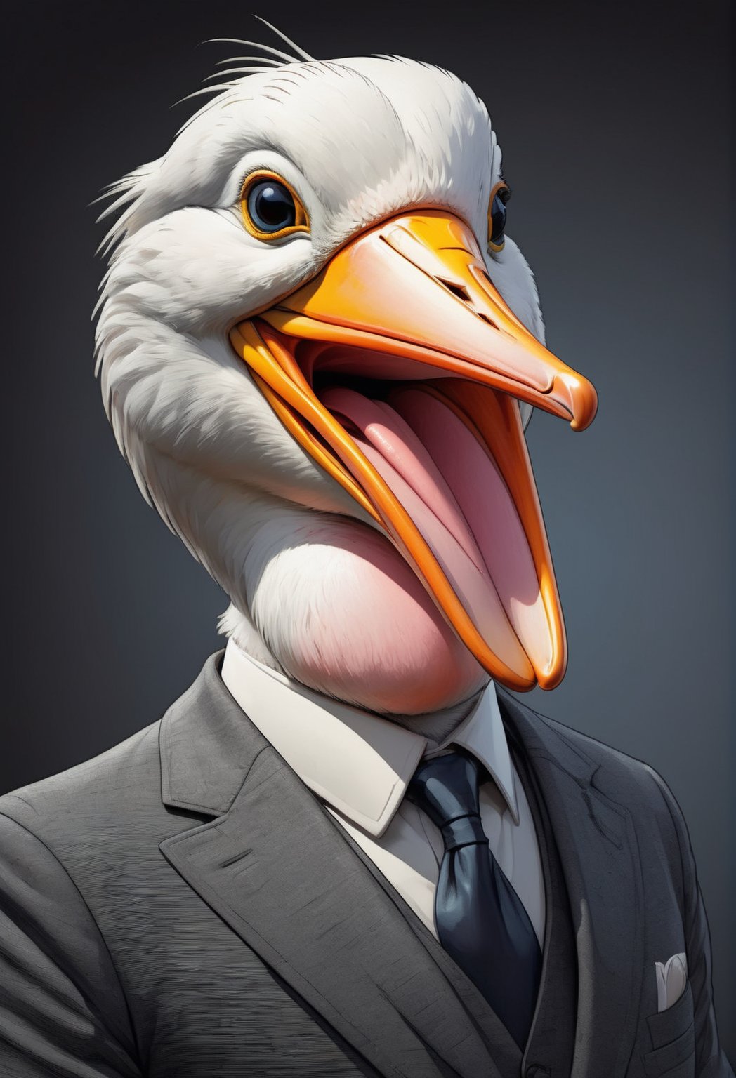 face close up illustration of anthropomorphic (fat)baby pelican ,(tongue)(furry), (lovely),dressed in a dark gray suit, (sticking out tongue:1.5),(happy smiling eyes:1.5),(smile:1.2),wearing glasses, soft lighting, Cinematic, hdr, primitive, Intricate, High quality, smoothing tones, Intricate details, Low contrast,(viewed from side:2.0), (looking at viewer:1.5), simple background,comic book