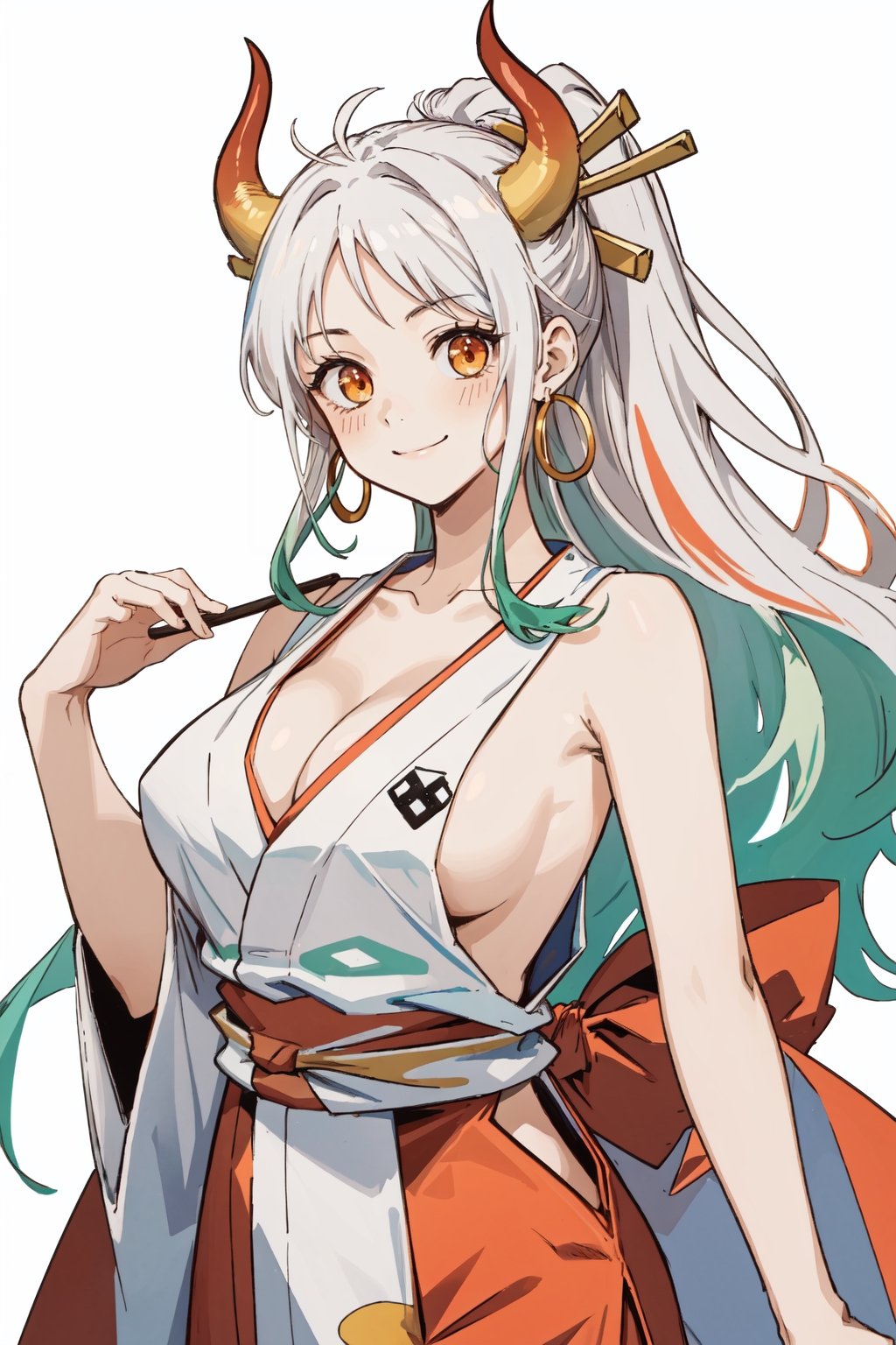 (masterpiece, best quality, highres:1.3), ultra resolution image, (1girl),yamato\(one piece\), (solo), kawaii, hair ornament, kimono, oni, earrings, japanese clothes,,cute face,smile softly, hoop earrings, sleeveless, hair stick,(white long hair), multicolored hair,standing,,orange eyes ,curled horns, horns, arms up, sideboob, cleavage, sleeveless kimono,tip of hair is green, jewelry, large breasts, blush, red horns, collarbone