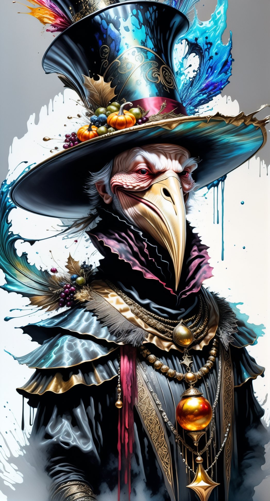 Ultra-Wide angle shot, photorealistic of gothic medieval of  stylish (turkye) character wearing pilgrim outfits,turkey,(long neck), large beak,(whole body), (laughing),art by Carne Griffiths,thanksgiving atmothphere,ornaments of thanksgiving, merged visuals, evocative storytelling, creative blending, seeBlack ink flow: 8k resolution photorealistic masterpiece:  intricately detailed fluid gouache painting: calligraphy: acrylic: colorful watercolor art, cinematic lighting, maximalist photoillustration: by marton bobzert: 8k resolution concept art intricately detailed, complex, elegant, expansive, fantastical, psychedelic realism, dripping paint,,DonML1quidG0ldXL ,Digital painting ,PEOPShockedFace