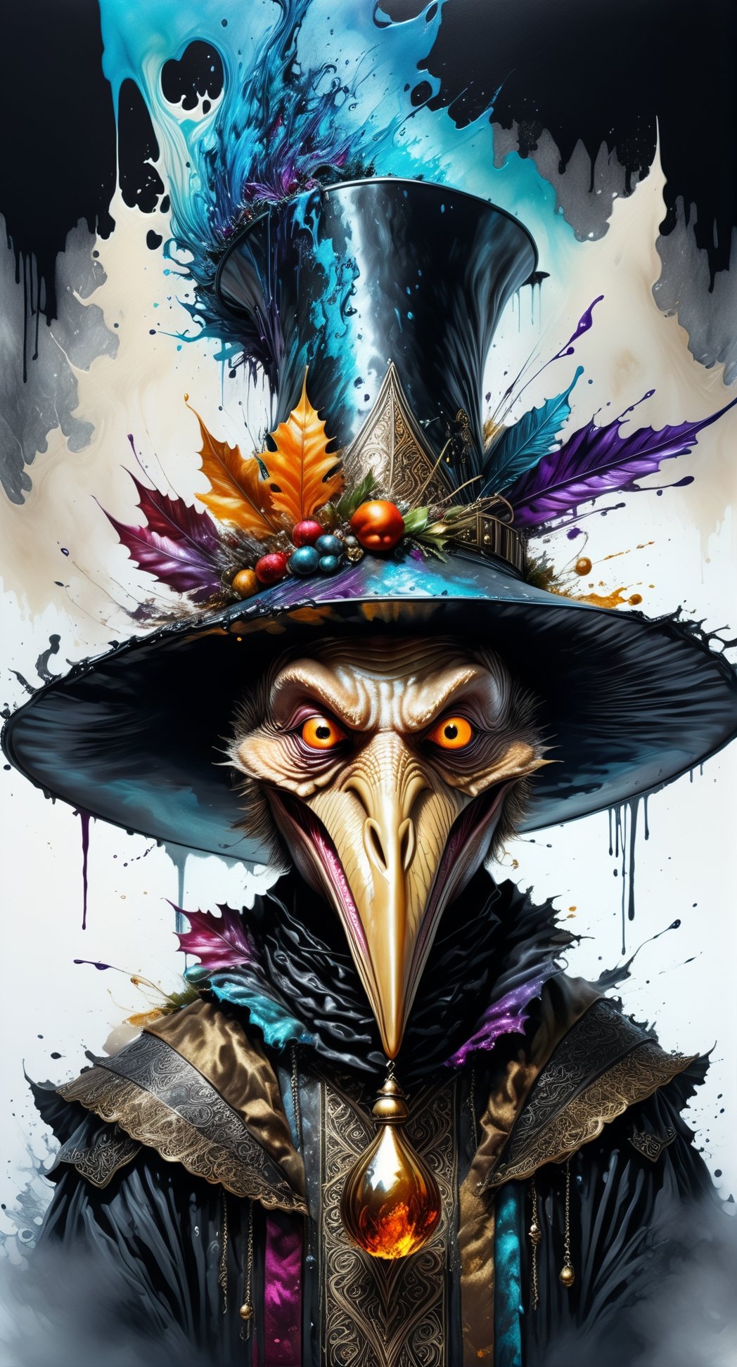 Ultra-Wide angle shot, photorealistic of gothic medieval of  stylish (turkye) character wearing pilgrim outfits,(turkey),(long neck), (large beak),(horror), (creepy smile),art by Carne Griffiths,thanksgiving atmothphere,ornaments of thanksgiving, merged visuals, evocative storytelling, creative blending, seeBlack ink flow: 8k resolution photorealistic masterpiece:  intricately detailed fluid gouache painting: calligraphy: acrylic: colorful watercolor art, cinematic lighting, maximalist photoillustration: by marton bobzert: 8k resolution concept art intricately detailed, complex, elegant, expansive, fantastical, psychedelic realism, dripping paint,,DonML1quidG0ldXL ,Digital painting ,PEOPShockedFace,(((pointing at viewer)))