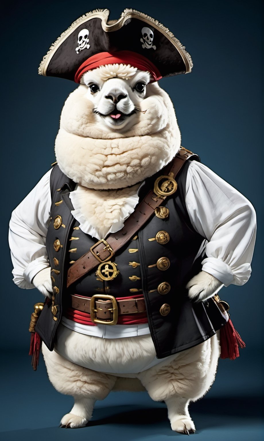 portrait of Dressed animals - a ((fat)) alpaca pirate,  (closed mouth),  high quality by レオナルドくま on Tensor.Art