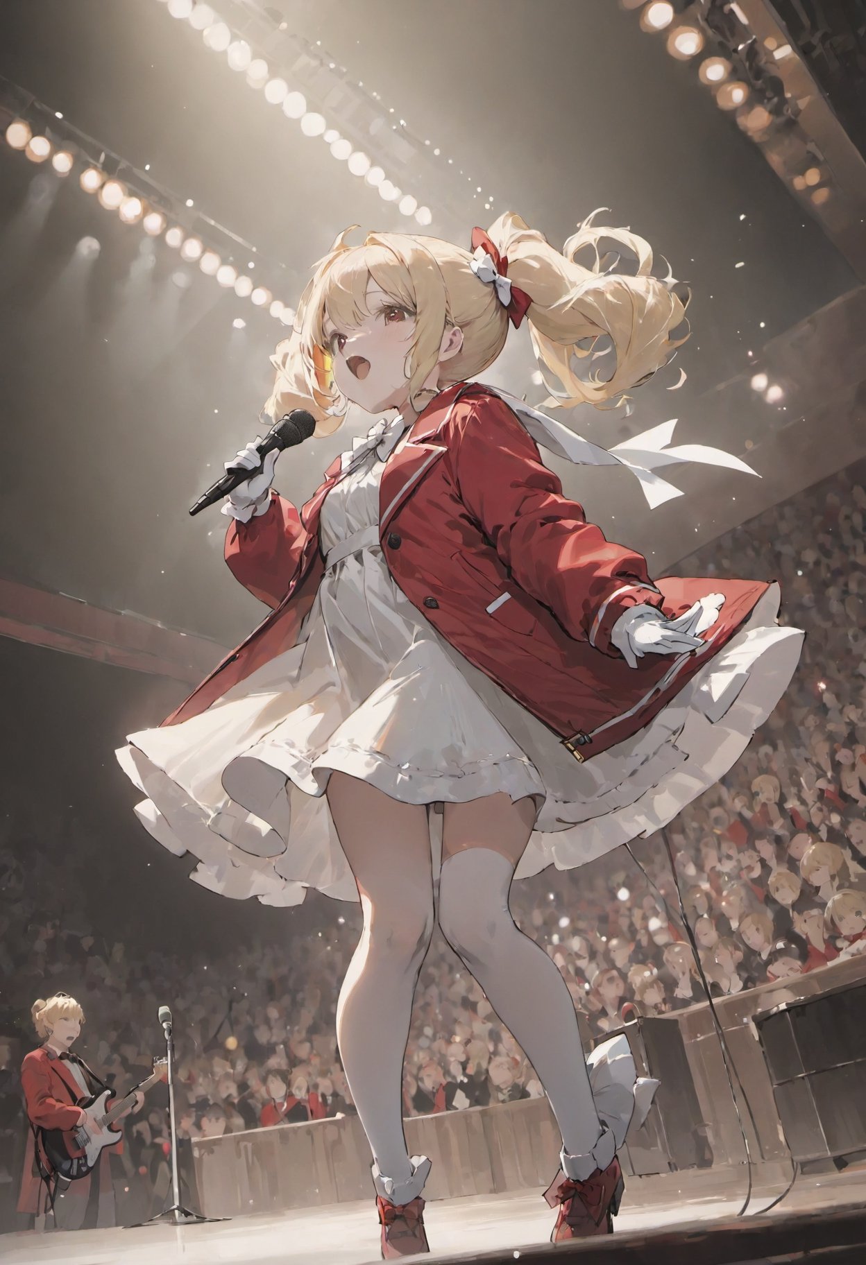 depth of field, masterpiece, best quality, 1girl, solo focus, face foucus, holding microphone, music, red jacket, white dress, thighhighs, white gloves, red bow, dress, blonde hair, twintails, concert, floating hair