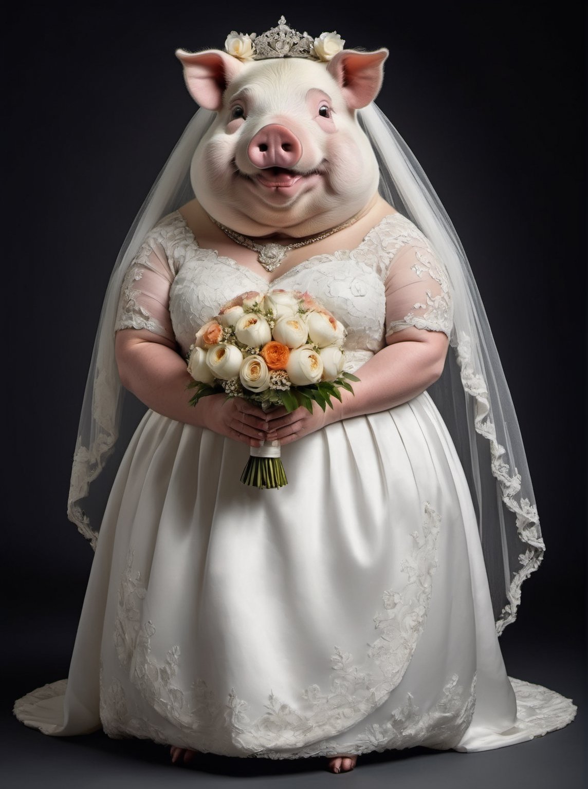 portrait of Dressed animals - a ((fat)) pig bride,  (elegant pose),  (furry) by レオナルドくま on Tensor.Art