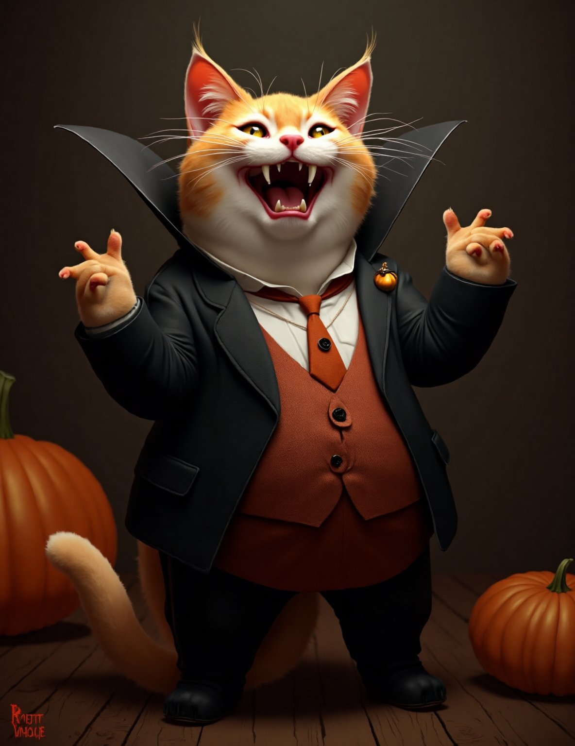 photorealistic portrait of Dressed animals - a ((fat)) (Cheshire cat) Halloween vampire,(Art by Cane Griffith),(black and orange theme),(cute),(open mouth:1.2), (big smile:1.5),(vampire's fangs:1.5),(arms up:1.5), high quality,(lovely) ,intricate detailed Halloween motif accessories, highly detailed ((Halloween vampire tuxedo with mant)) ,highly detailed Halloween vampire tuxedo with tie, (horror), (), soft lighting,(full body image:1.5),Halloween ornaments background, in Halloween room ,score_9, score_8_up, score_7_up, score_6_up, score_5_up, score_4_up,