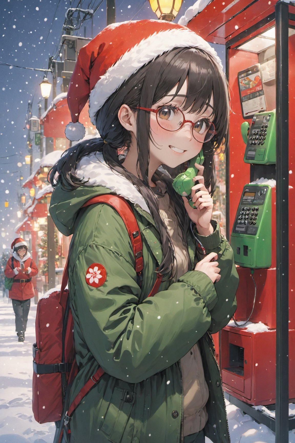 best quality, ultra-detailed, illustration, japanese girl, cute, (shy smile),
It's snowing heavyly,Christmas atmosphere,
Japan, Payphone, scenery, phone, blurry, indoors, close-up, realistic, photo background, decorated with christmas ornaments,
1girl,  red Santa Claus's hat,glasses, black hair, long hair, Field jacket, Cargo pants, boots, face palm, :o
  
,Japan