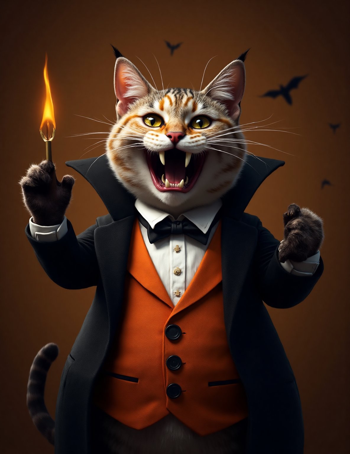 photorealistic portrait of Dressed animals - a ((fat)) (Cheshire cat) Halloween vampire,(Art by Giuseppe Arcimboldo),(black and orange theme),(cute),(open mouth:1.2), (big smile:1.5),(vampire's fangs:1.5),(arms up:1.5), high quality,(lovely) ,intricate detailed Halloween motif accessories, highly detailed ((Halloween vampire tuxedo with mant)) ,highly detailed Halloween vampire tuxedo with tie, (horror), (), soft lighting,(full body image:1.5),Halloween ornaments background, in Halloween room ,score_9, score_8_up, score_7_up, score_6_up, score_5_up, score_4_up,