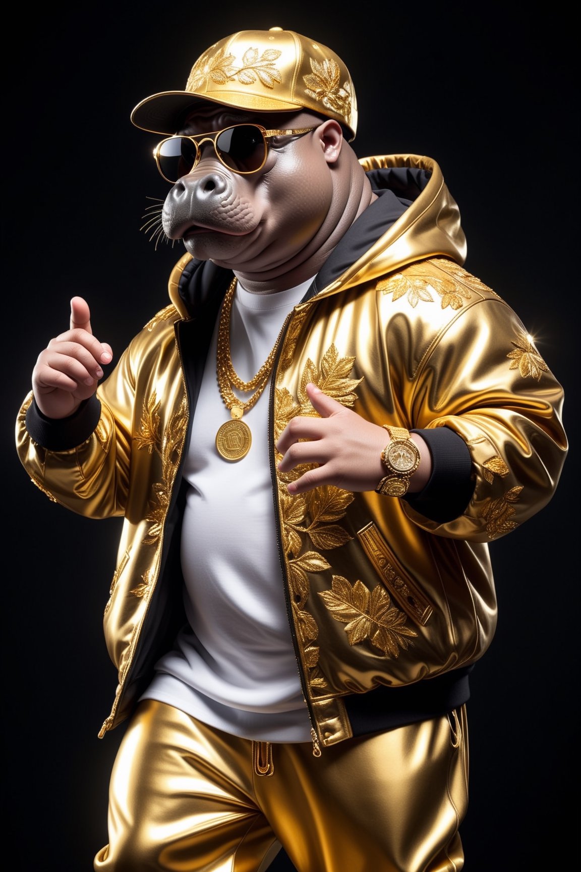  Dressed animals - a (fat) hippo hip hop dancer, ((dancing and singing)), god of hip hop, highly detailed ((hip hop fashion)) , highly detailed accessories , (wearing sunglasses and cap),dancing pose,wearing a jacket and hoodie delicately depicted with gold leaf detailing, printed onto a substantial and regal coat,Emphasize the intricate application of gold foil to capture the strength and valor of hip hop dancer. Ensure a visually stunning representation that combines the opulence of gold leaf with the historical passion of hip hop , creating a unique and impressive fashion through innovative image generation techniques.",abmhandsomeguy,(full body image:1.8), stadio lighting